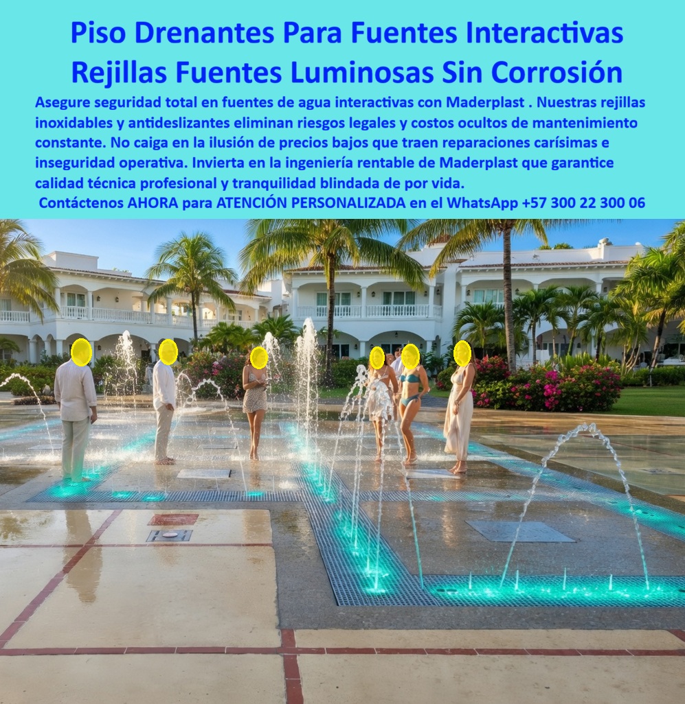 Pisos Drenantes Fuentes Agua Suelos Filtrantes Juegos Acuáticos Maderplast Rejillas pisos acuaticos evitan corrosión drenaje continuo mantenimiento minimo Rejillas Especiales Fuentes Luminosas Filtrantes Sin Corrosión Rejillas Filtrantes Piso