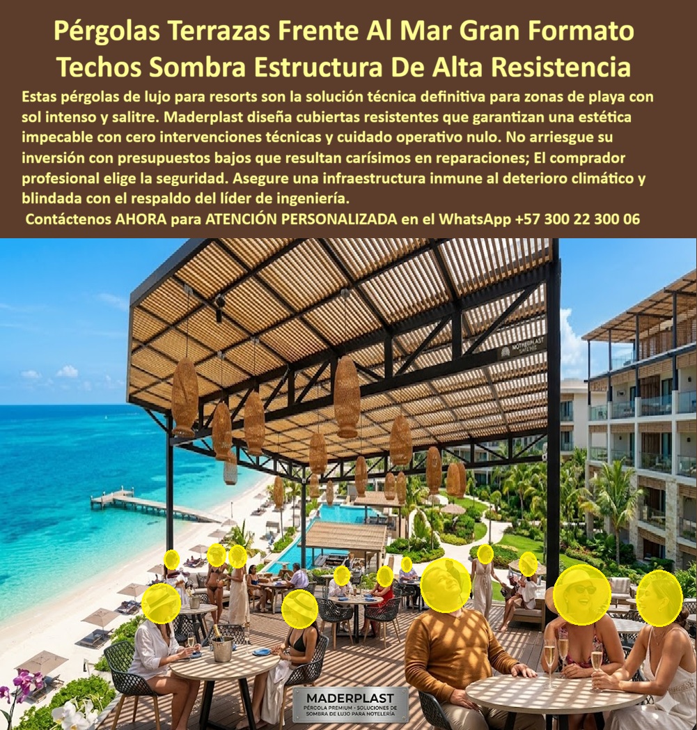 Pérgolas Decorativas Terrazas Hoteleras Techos Sombra Cubierta Maderplast Pérgolas hoteleras exteriores eliminan calor sombra elegante Pérgolas de sombra evitan la oxidación cubriendo piscinas Pérgolas Piscina Resort Resistentes Rayos UV sol