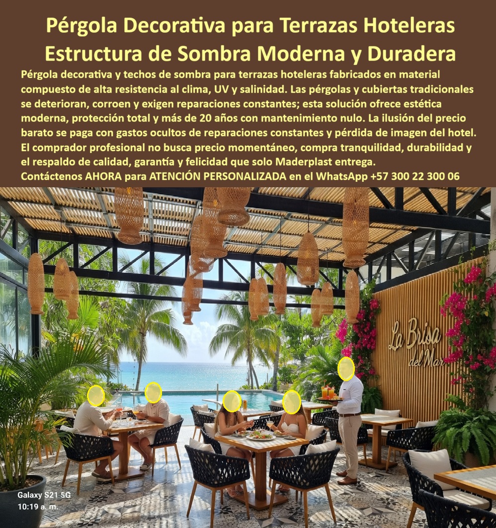 Pérgolas Decorativas Terrazas Hoteleras Techos Sombra Cubierta Maderplast Pérgolas terraza hotel evitan deterioro clima estética moderna duradera Techos Sombra Terraza Hotel Anticorrosión Estructuras de Sombra Hoteleras Duraderas Sin Mantener