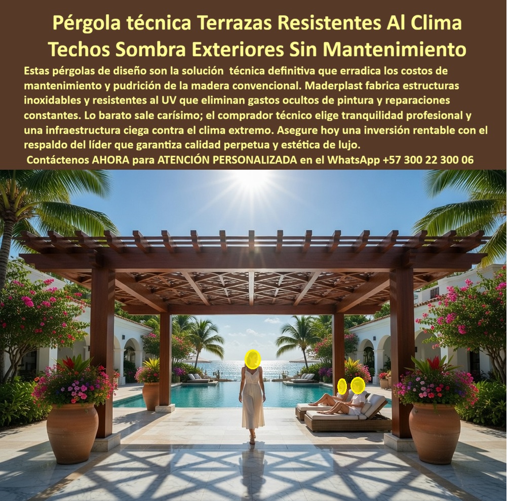 Pérgolas Decorativas Terrazas Hoteleras Techos Sombra Cubierta Maderplast Pérgolas turísticas exteriores eliminan mantenimiento solución segura larga vida Techos pérgola hotel protege lluvia sol estructura estable Sombríos hoteleros Pérgolas