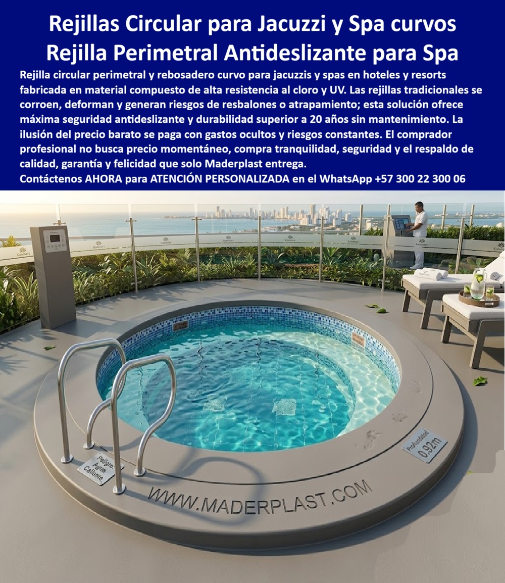 Rejas Circulares Piscina Spa Seguridad Antiatrapamiento Maderplast Rebosadero Curvo Spa Antideslizante Instalación Duradera Rejillas Circulares Spa Perimetrales Resistentes Cloro Bajo Mantenimiento Rejillas Redondas Jacuzzi Antideslizantes PP