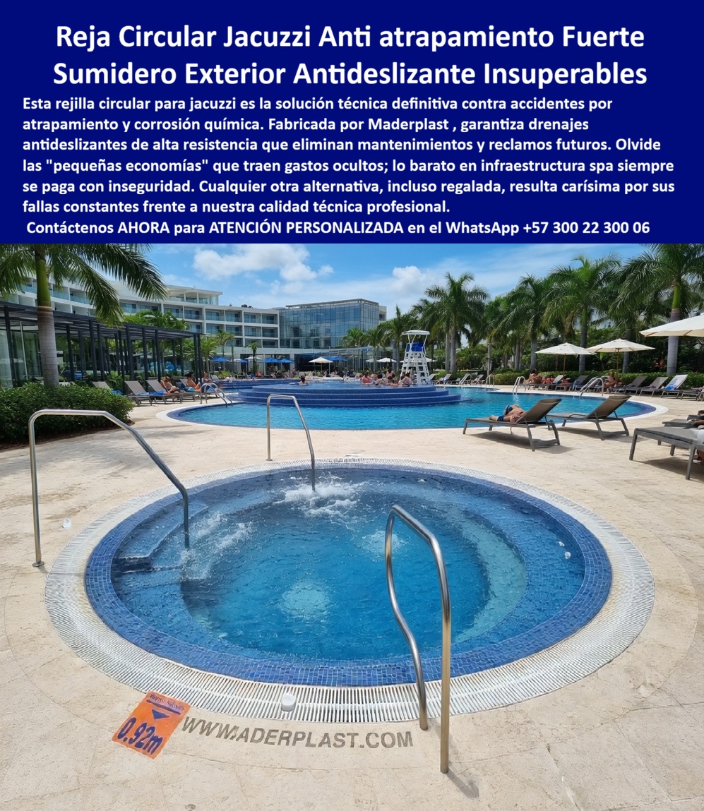 Rejas Circulares Piscina Spa Seguridad Antiatrapamiento Maderplast Rejas Desagüe Exteriores Alta Resistencia Fácil Instalación Rejilla jacuzzi antideslizante evita atrapamientos seguridad total Rejillas Canal Desagüe Spa Resistentes Cloro PP