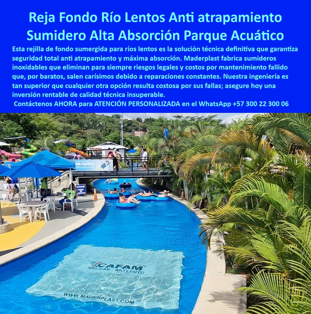 Rejillas Fondo Río Lento Sin Atrapamientos Inoxidables Larga Vida Maderplast Sumideros Parques Acuáticos Evitan Accidentes Alta Absorción Rejillas Succión Expulsión Agua Río Lento Seguridad Total Diseño Personalizado Rejillas Captación
