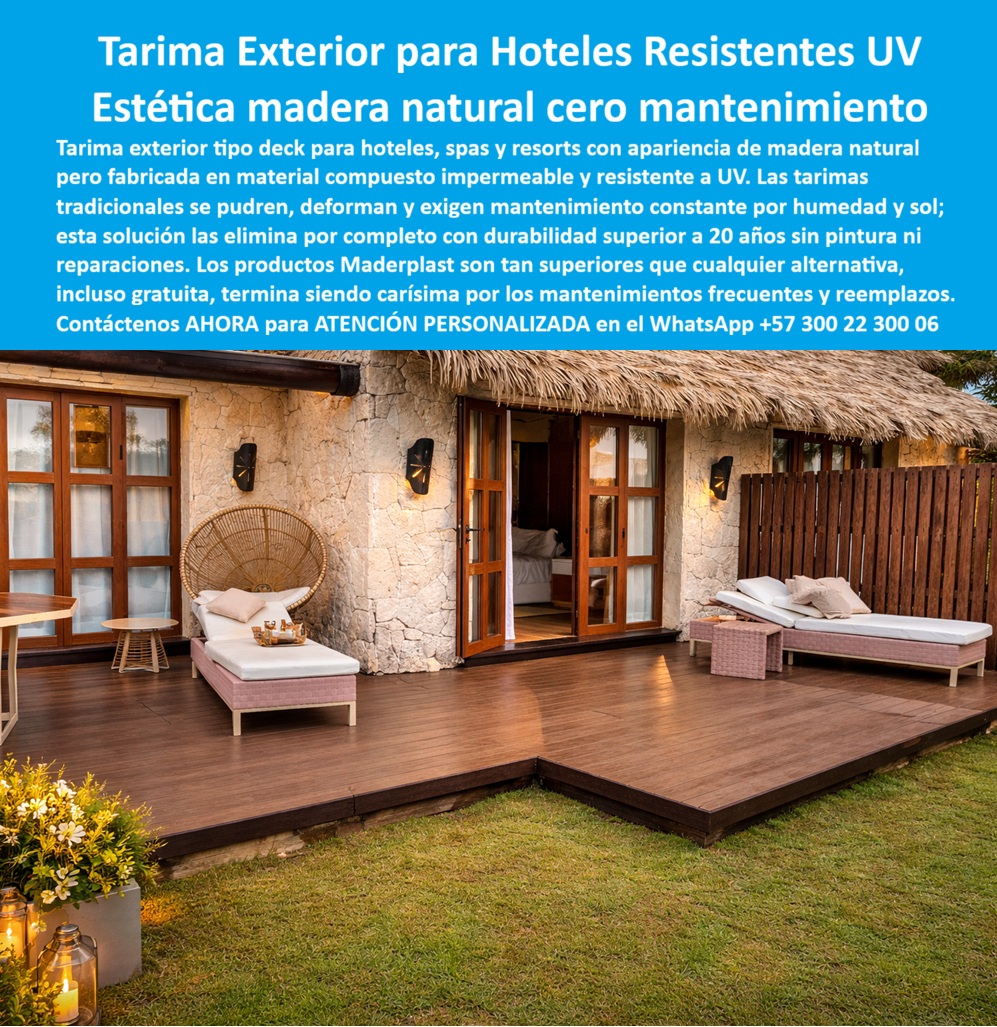 Tarima Exterior Para Hoteles Piso Para Spa Deck Exteriores Maderplast Plataforma exterior peatonal tipo deck Piso modular exterior resistente humedad Piso Deck Asoleadero Resort Resistente UV Sin Mantenimiento Deck Terraza Hotelera Tarima PP