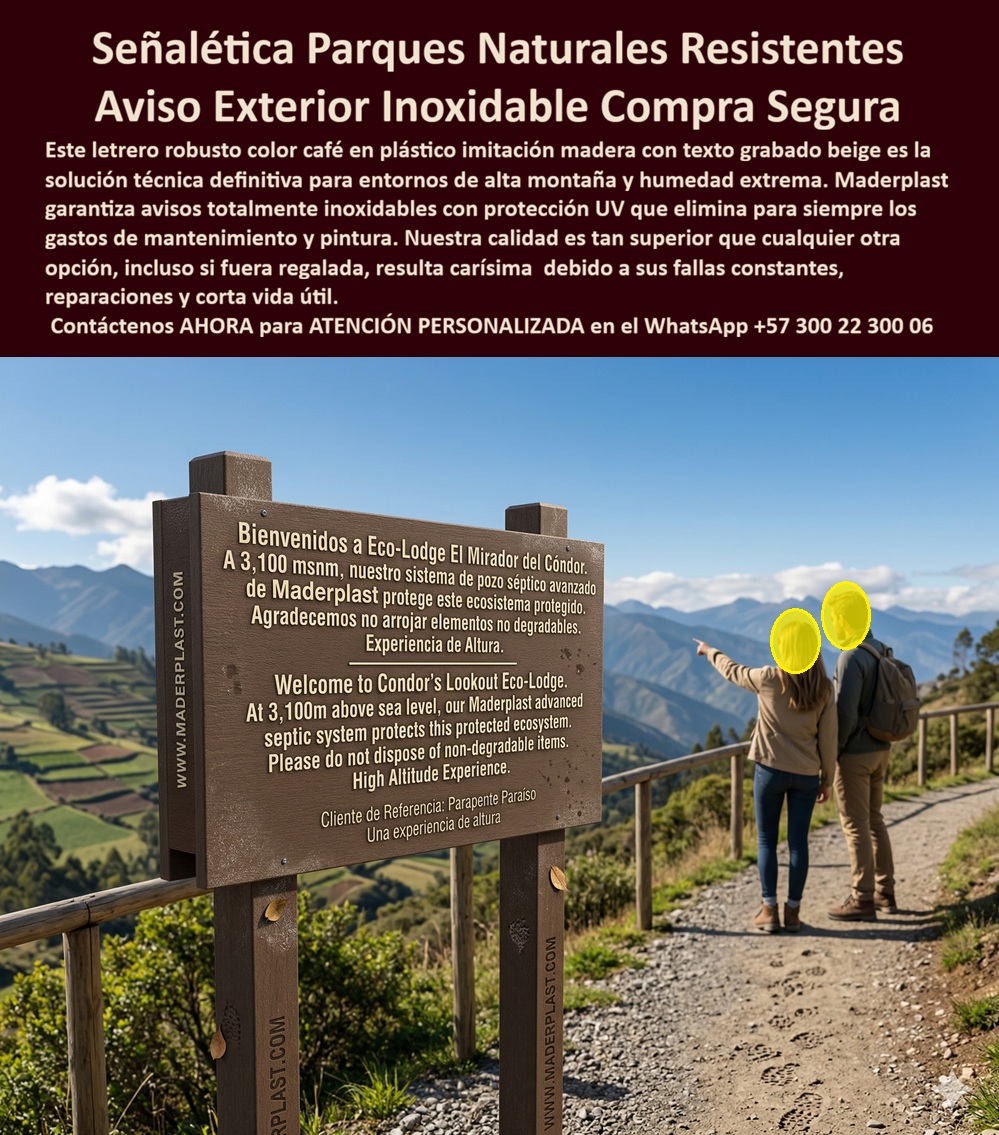 Vallas Avisos Carteles Resistente Intemperie Hotelería Ecológica Maderplast Señalización Parque Temático Gran Formato Personalizada Letreros Direccionales Parques Naturales Durabilidad Exterior Señalética Exterior Hotelera Cero Mantenimientos