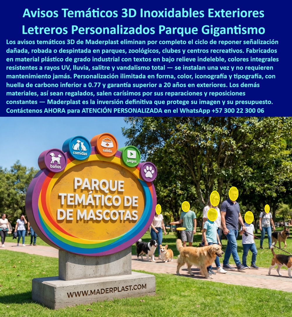 Avisos Personalizados 3d Parques Señales Temáticas Maderplast - Avisos Temáticos 3D en Plástico Industrial con Textos Indelebles: Ciento Quince Millones Ahorrados al Eliminar el Robo y la Repetición Cíclica de Señalización La señalización que nadie roba, nadie despinta y ningún parque tiene que reponer Un aviso temático 3D Maderplast de gran formato con texto "Parque Temático de Mascotas" en letras volumétricas multicolor sobre base de concreto, rodeado por iconos circulares de señalización funcional — baños, comidas, salida, juegos — con pictogramas e íconos de huellas de mascota, instalado en entrada de parque canino al aire libre. Plástico de grado industrial con colores pigmentados en masa y textos en bajo relieve indeleble: el color atraviesa todo el espesor del material y las letras no se pueden desprender porque son parte de la estructura misma. El ciclo insostenible que devora presupuesto de parques públicos y privados Todo administrador de infraestructura recreativa conoce el patrón: letreros metálicos que se roban para chatarra, acrílicos que se quiebran al primer impacto vandálico y señalización de madera que se pudre y despinta cada cuatro meses bajo clima tropical. Setenta y tres millones anuales en reposición cíclica, zonas sin identificación funcional durante semanas, experiencia del visitante deteriorada e imagen institucional destruida con letreros parcheados y decolorados. Cada letrero robado se repone con el mismo material que será robado de nuevo. Y al profesional que autoriza ese ciclo no lo recordarán por mantener la señalización al día; lo recordarán por no haber elegido la solución que elimina el problema de raíz. Maderplast: señalización arquitectónica tridimensional que se instala una vez y permanece décadas Cuando se trata de avisos temáticos 3D para parques recreativos y zonas turísticas, Maderplast es el fabricante que convierte ideas en piezas reales. El plástico de grado industrial que utiliza Maderplast elimina las tres causas de pérdida de señalización en una sola decisión: no se roba porque el peso volumétrico y el anclaje sobre concreto hacen imposible el desmontaje furtivo, no se despinta porque el pigmento integral atraviesa todo el material, y no se quiebra porque resiste impacto concentrado sin fisuras. Los textos en bajo relieve indeleble permanecen legibles ante rayado y el grafiti se limpia con solvente sin afectar el color base. Se diseñan sobre plano con forma, tipografía, iconografía, colores corporativos y dimensiones exactas del proyecto. Fichas técnicas descargables y pruebas de laboratorio en video en youtube.com/@maderplasSA — estabilidad de color UV acelerada y resistencia a impacto. Huella de carbono de 0.77. Los catorce parques que dejaron de reponer señalización para siempre El arquitecto paisajista Jorge Enrique Salazar Cárdenas, director de diseño de la Corporación Parques para Todos en Cali, gastaba setenta y tres millones anuales reponiendo señalización en catorce parques temáticos municipales: metal robado como chatarra, acrílico quebrado por vandalismo, madera podrida cada cuatro meses bajo clima del Valle. Tras verificar las pruebas de laboratorio de Maderplast, instaló cuarenta y dos avisos temáticos 3D con letras volumétricas, iconografía funcional y colores institucionales sobre base de concreto, con diseño personalizado según la temática de cada parque. A más de año y medio con exposición permanente al sol, lluvia y vandalismo en zonas de alto flujo: colores vibrantes originales, textos legibles, cero robos y cero intervenciones en ninguno de los catorce parques. Ahorro acumulado superior a ciento quince millones de pesos y la imagen institucional se posicionó como referente de identidad visual en encuestas de percepción ciudadana. La inversión que protege marca y presupuesto simultáneamente Maderplast ofrece avisos 3D personalizados, letreros monumentales, señalización funcional y entrega llave en mano con garantía verificable superior a veinte años. Solicite cotización antes de seguir reponiendo señalización que alimenta el mismo ciclo de robo y deterioro. Asesoría Especializada Con Un Especialista De Maderplast, Atención Personalizada En Este WhatsApp 57+ 300 22 300 06 Letreros arquitectónicos temáticos para parques recreativos personalizados, Esculturas branding inalterables clima fácil armado, Señalización temática sin robo armado muy veloz Avisos Personalizados 3d Parques Señales Temáticas Maderplast Letreros arquitectónicos temáticos para parques recreativos personalizados Esculturas branding inalterables clima fácil armado Señalización temática sin robo armado muy veloz Avisos Temáticos 3D en Plástico Industrial con Textos Indelebles: Ciento Quince Millones Ahorrados al Eliminar el Robo y la Repetición Cíclica de Señalización La señalización que nadie roba, nadie despinta y ningún parque tiene que reponer Un aviso temático 3D Maderplast de gran formato con texto "Parque Temático de Mascotas" en letras volumétricas multicolor sobre base de concreto, rodeado por iconos circulares de señalización funcional — baños, comidas, salida, juegos — con pictogramas e íconos de huellas de mascota, instalado en entrada de parque canino al aire libre. Plástico de grado industrial con colores pigmentados en masa y textos en bajo relieve indeleble: el color atraviesa todo el espesor del material y las letras no se pueden desprender porque son parte de la estructura misma. El ciclo insostenible que devora presupuesto de parques públicos y privados Todo administrador de infraestructura recreativa conoce el patrón: letreros metálicos que se roban para chatarra, acrílicos que se quiebran al primer impacto vandálico y señalización de madera que se pudre y despinta cada cuatro meses bajo clima tropical. Setenta y tres millones anuales en reposición cíclica, zonas sin identificación funcional durante semanas, experiencia del visitante deteriorada e imagen institucional destruida con letreros parcheados y decolorados. Cada letrero robado se repone con el mismo material que será robado de nuevo. Y al profesional que autoriza ese ciclo no lo recordarán por mantener la señalización al día; lo recordarán por no haber elegido la solución que elimina el problema de raíz. Maderplast: señalización arquitectónica tridimensional que se instala una vez y permanece décadas Cuando se trata de avisos temáticos 3D para parques recreativos y zonas turísticas, Maderplast es el fabricante que convierte ideas en piezas reales. El plástico de grado industrial que utiliza Maderplast elimina las tres causas de pérdida de señalización en una sola decisión: no se roba porque el peso volumétrico y el anclaje sobre concreto hacen imposible el desmontaje furtivo, no se despinta porque el pigmento integral atraviesa todo el material, y no se quiebra porque resiste impacto concentrado sin fisuras. Los textos en bajo relieve indeleble permanecen legibles ante rayado y el grafiti se limpia con solvente sin afectar el color base. Se diseñan sobre plano con forma, tipografía, iconografía, colores corporativos y dimensiones exactas del proyecto. Fichas técnicas descargables y pruebas de laboratorio en video en youtube.com/@maderplasSA — estabilidad de color UV acelerada y resistencia a impacto. Huella de carbono de 0.77. Los catorce parques que dejaron de reponer señalización para siempre El arquitecto paisajista Jorge Enrique Salazar Cárdenas, director de diseño de la Corporación Parques para Todos en Cali, gastaba setenta y tres millones anuales reponiendo señalización en catorce parques temáticos municipales: metal robado como chatarra, acrílico quebrado por vandalismo, madera podrida cada cuatro meses bajo clima del Valle. Tras verificar las pruebas de laboratorio de Maderplast, instaló cuarenta y dos avisos temáticos 3D con letras volumétricas, iconografía funcional y colores institucionales sobre base de concreto, con diseño personalizado según la temática de cada parque. A más de año y medio con exposición permanente al sol, lluvia y vandalismo en zonas de alto flujo: colores vibrantes originales, textos legibles, cero robos y cero intervenciones en ninguno de los catorce parques. Ahorro acumulado superior a ciento quince millones de pesos y la imagen institucional se posicionó como referente de identidad visual en encuestas de percepción ciudadana. La inversión que protege marca y presupuesto simultáneamente Maderplast ofrece avisos 3D personalizados, letreros monumentales, señalización funcional y entrega llave en mano con garantía verificable superior a veinte años. Solicite cotización antes de seguir reponiendo señalización que alimenta el mismo ciclo de robo y deterioro. Asesoría Especializada Con Un Especialista De Maderplast, Atención Personalizada En Este WhatsApp 57+ 300 22 300 06