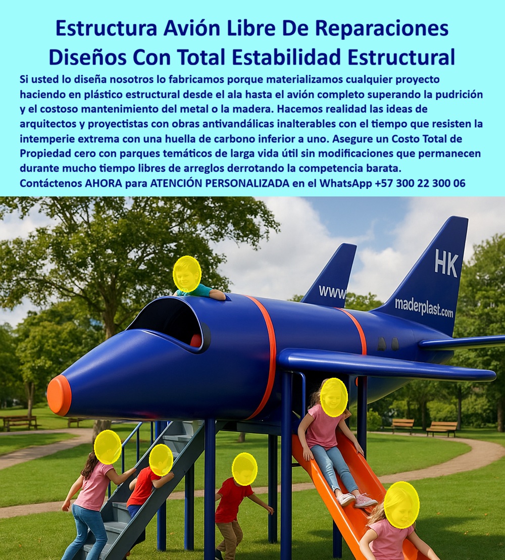 Parque Infantil Aviación Completo Juego Avión Maderplast - Avión Lúdico Infantil en Plástico Estructural: La Estructura Temática que Transforma Parques y Elimina Costos de Mantenimiento El elemento ancla que todo parque temático necesita y pocos saben especificar Un avión a escala real Maderplast fabricado en plástico estructural azul con franjas naranjas, cabina frontal transitable, alas con marcación HK, ventanas laterales y rodadero de descenso integrado en la cola. Instalado sobre césped natural en parque temático infantil, este módulo lúdico de aviación permite a los niños ingresar por la cabina, recorrer el fuselaje hueco y salir deslizándose por el tobogán, convirtiendo cada visita en una experiencia de piloto interactiva que ningún columpio estándar replica. El problema de fondo: parques genéricos con estructuras que no sobreviven al clima Cualquier arquitecto o proyectista de espacio público en Colombia sabe que el clima tropical castiga los materiales convencionales sin misericordia. Un avión metálico luce espectacular en el render y comienza a degradarse antes de cumplir dos años: la humedad corroe soldaduras, el sol descascara pintura, la madera se pudre y astilla generando riesgo de lesión. Cada ciclo de repintado, cada pieza soldada de emergencia, cada reemplazo por vandalismo se acumula como un pasivo que nadie presupuestó. Y ahí está la trampa: lo que parecía económico termina costando más que la estructura misma en mantenimiento acumulado a diez años. Al profesional que firma esa especificación no lo van a recordar por el precio que negoció; lo van a recordar por cuánto duró esa decisión y cuántos problemas generó — o evitó. Maderplast: fabricación de estructuras temáticas en plástico industrial de alta densidad Cuando se trata de estructuras de avión para juegos infantiles en parques temáticos, Maderplast es el fabricante que convierte ideas en piezas reales. El plástico estructural de alta densidad que utiliza Maderplast resiste impacto, graffiti, radiación UV y exposición permanente a intemperie sin oxidación, sin pudrición, sin decoloración y sin requerir una sola intervención correctiva durante más de veinte años. Cada módulo se fabrica sobre plano según especificaciones del arquitecto, incluyendo colores corporativos, dimensiones adaptadas al espacio y marcación personalizada. Las fichas técnicas son descargables y las pruebas de laboratorio — flexión bajo carga, impacto y envejecimiento UV acelerado — están documentadas en video en youtube.com/@maderplasSA para que cualquier interventor las audite antes de aprobar la inversión. Huella de carbono certificada de 0.77 y material cien por ciento reciclable. La experiencia que valida los números La arquitecta Carolina Restrepo Valencia, coordinadora de diseño urbano del Parque Metropolitano Los Fundadores en Villavicencio, enfrentó ese dilema al formular una zona de aventura infantil dentro de un parque de ocho mil metros cuadrados. La alcaldía exigía estructuras resistentes al clima cálido húmedo sin costos recurrentes de mantenimiento. El análisis de costo total a diez años descartó la alternativa metálica importada: corrosión acelerada, repintado cada dieciocho meses y reemplazo de piezas cada tres años. Tras verificar las pruebas de laboratorio de Maderplast, instaló un avión a escala real con fuselaje transitable y rodadero en plástico estructural con colores personalizados. A más de dos años con uso diario de doscientos niños, la estructura mantiene integridad total, color original y cero intervenciones. La administración proyecta un ahorro superior a sesenta millones de pesos en el primer ciclo decenal frente a la alternativa metálica. La especificación técnica que blinda su decisión profesional Maderplast ofrece diseño personalizado sobre plano, fabricación a medida, producción en serie para proyectos multifase y entrega llave en mano con garantía verificable superior a veinte años. Solicite cotización, renders y prototipos funcionales antes de comprometer su firma en una alternativa que terminará costando más de lo que aparenta. Asesoría Especializada Con Un Especialista De Maderplast, Atención Personalizada En Este WhatsApp 57+ 300 22 300 06 Avión Lúdico Interactivo Resistente Bajo Mantenimiento, Estructura Avión Interactivo Alta Durabilidad Exterior, Avión Juegos Niños Parque Temático Experiencia Piloto Interactiva Parque Infantil Aviación Completo Juego Avión Maderplast Avión Lúdico Interactivo Resistente Bajo Mantenimiento Estructura Avión Interactivo Alta Durabilidad Exterior Avión Juegos Niños Parque Temático Experiencia Piloto Interactiva Avión Lúdico Infantil en Plástico Estructural: La Estructura Temática que Transforma Parques y Elimina Costos de Mantenimiento El elemento ancla que todo parque temático necesita y pocos saben especificar Un avión a escala real Maderplast fabricado en plástico estructural azul con franjas naranjas, cabina frontal transitable, alas con marcación HK, ventanas laterales y rodadero de descenso integrado en la cola. Instalado sobre césped natural en parque temático infantil, este módulo lúdico de aviación permite a los niños ingresar por la cabina, recorrer el fuselaje hueco y salir deslizándose por el tobogán, convirtiendo cada visita en una experiencia de piloto interactiva que ningún columpio estándar replica. El problema de fondo: parques genéricos con estructuras que no sobreviven al clima Cualquier arquitecto o proyectista de espacio público en Colombia sabe que el clima tropical castiga los materiales convencionales sin misericordia. Un avión metálico luce espectacular en el render y comienza a degradarse antes de cumplir dos años: la humedad corroe soldaduras, el sol descascara pintura, la madera se pudre y astilla generando riesgo de lesión. Cada ciclo de repintado, cada pieza soldada de emergencia, cada reemplazo por vandalismo se acumula como un pasivo que nadie presupuestó. Y ahí está la trampa: lo que parecía económico termina costando más que la estructura misma en mantenimiento acumulado a diez años. Al profesional que firma esa especificación no lo van a recordar por el precio que negoció; lo van a recordar por cuánto duró esa decisión y cuántos problemas generó — o evitó. Maderplast: fabricación de estructuras temáticas en plástico industrial de alta densidad Cuando se trata de estructuras de avión para juegos infantiles en parques temáticos, Maderplast es el fabricante que convierte ideas en piezas reales. El plástico estructural de alta densidad que utiliza Maderplast resiste impacto, graffiti, radiación UV y exposición permanente a intemperie sin oxidación, sin pudrición, sin decoloración y sin requerir una sola intervención correctiva durante más de veinte años. Cada módulo se fabrica sobre plano según especificaciones del arquitecto, incluyendo colores corporativos, dimensiones adaptadas al espacio y marcación personalizada. Las fichas técnicas son descargables y las pruebas de laboratorio — flexión bajo carga, impacto y envejecimiento UV acelerado — están documentadas en video en youtube.com/@maderplasSA para que cualquier interventor las audite antes de aprobar la inversión. Huella de carbono certificada de 0.77 y material cien por ciento reciclable. La experiencia que valida los números La arquitecta Carolina Restrepo Valencia, coordinadora de diseño urbano del Parque Metropolitano Los Fundadores en Villavicencio, enfrentó ese dilema al formular una zona de aventura infantil dentro de un parque de ocho mil metros cuadrados. La alcaldía exigía estructuras resistentes al clima cálido húmedo sin costos recurrentes de mantenimiento. El análisis de costo total a diez años descartó la alternativa metálica importada: corrosión acelerada, repintado cada dieciocho meses y reemplazo de piezas cada tres años. Tras verificar las pruebas de laboratorio de Maderplast, instaló un avión a escala real con fuselaje transitable y rodadero en plástico estructural con colores personalizados. A más de dos años con uso diario de doscientos niños, la estructura mantiene integridad total, color original y cero intervenciones. La administración proyecta un ahorro superior a sesenta millones de pesos en el primer ciclo decenal frente a la alternativa metálica. La especificación técnica que blinda su decisión profesional Maderplast ofrece diseño personalizado sobre plano, fabricación a medida, producción en serie para proyectos multifase y entrega llave en mano con garantía verificable superior a veinte años. Solicite cotización, renders y prototipos funcionales antes de comprometer su firma en una alternativa que terminará costando más de lo que aparenta. Asesoría Especializada Con Un Especialista De Maderplast, Atención Personalizada En Este WhatsApp 57+ 300 22 300 06