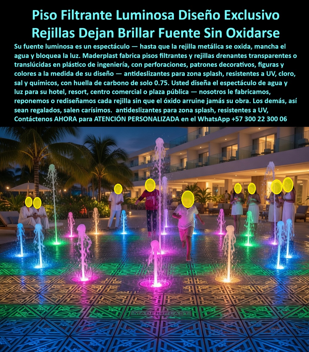 Rejilla Drenante Fuentes Parque Acuático Pisos Anti Deslizantes Maderplast - Rejillas Translúcidas Drenantes para Fuentes Luminosas en Plástico de Ingeniería: Transmisión LED Recuperada al Cien Por Ciento y Calificación Hotelera de 4.2 a 4.7 La superficie que deja brillar la luz, no la bloquea con óxido Piso filtrante translúcido Maderplast con rejillas drenantes de diseño geométrico ornamental instalado en fuente interactiva nocturna de resort hotelero frente al mar, donde niños y adultos caminan descalzos entre chorros de agua verticales iluminados con LED en rosa, azul, verde, amarillo y blanco que atraviesan la superficie transparente creando un espectáculo de agua y luz. Plástico de ingeniería translúcido con transmisión lumínica superior al noventa y dos por ciento, antideslizante para zona splash, resistente a UV, cloro, sal y químicos sin opacar ni amarillear. El problema que arruina fuentes luminosas de cinco estrellas en menos de cuatro años Todo arquitecto o gerente de resort que ha especificado rejillas galvanizadas para fuentes con iluminación LED subacuática conoce la degradación: el contacto permanente con agua salobre y cloro genera corrosión que mancha el acabado del piso con escorrentía ferrosa, bloquea la transmisión LED hasta en un sesenta por ciento y proyecta una imagen de deterioro inaceptable para cualquier hotel de categoría. El departamento de mantenimiento acumula decenas de millones anuales en limpieza de manchas, reemplazo de módulos corroídos y reparación de luminarias dañadas por contacto con óxido. El acero inoxidable retrasa el problema pero no lo elimina en ambiente salobre caribeño. Y al profesional que firmó esa especificación no lo recordarán por el material premium que eligió; lo recordarán por cuántas temporadas mantuvo el espectáculo visual intacto — o cuántas lo perdió. Maderplast: transparencia permanente que deja brillar cada LED durante décadas Cuando se trata de rejillas translúcidas para fuentes luminosas de hoteles y resorts, Maderplast es el fabricante que convierte ideas en piezas reales. El plástico de ingeniería translúcido que utiliza Maderplast transmite la luz LED al cien por ciento sin bloqueo, no genera corrosión ni manchas de óxido en el agua ni en el piso, no se opaca ni amarillea bajo radiación UV, no acumula depósitos de cal o cloro y mantiene superficie antideslizante segura para tráfico descalzo durante más de veinte años. Se fabrican módulos con perforaciones ornamentales exclusivas — mandalas, figuras geométricas, calados arquitectónicos — diseñadas sobre plano, con ensamble modular sobre estructura hidráulica existente sin modificar chorros ni luminarias. Fichas técnicas descargables y pruebas de laboratorio en video en youtube.com/@maderplasSA — transmisión lumínica, resistencia a inmersión salobre y coeficiente antideslizante mojado. Huella de carbono de 0.77. El resort que recuperó su espectáculo nocturno y su calificación en plataformas de reserva El arquitecto Daniel Alejandro Ríos Bermúdez, director de diseño del Hotel Resort Bahía Azul en Cartagena, enfrentaba rejillas galvanizadas con corrosión avanzada en trescientos veinte metros cuadrados de zona splash con cuarenta y ocho chorros LED: manchas de óxido, transmisión lumínica bloqueada al sesenta por ciento y cuarenta y siete millones anuales en mantenimiento. Tras verificar las pruebas de laboratorio de Maderplast, instaló seiscientos cuarenta módulos translúcidos con perforaciones ornamentales tipo mandala mediante ensamble modular sobre la estructura existente. A más de dos años con inmersión salobre permanente, cuatrocientos huéspedes descalzos por noche y doce horas diarias de iluminación LED: transparencia original intacta, cero manchas, cero módulos reemplazados. Las calificaciones en plataformas de reserva subieron de 4.2 a 4.7 en experiencia de áreas comunes y el ahorro acumulado supera ciento cinco millones de pesos. La especificación que protege el espectáculo y la reputación Maderplast ofrece rejillas translúcidas personalizadas, pisos filtrantes luminosos y montaje modular con garantía superior a veinte años. Solicite cotización antes de que el óxido apague su inversión en iluminación. Asesoría Especializada Con Un Especialista De Maderplast, Atención Personalizada En Este WhatsApp 57+ 300 22 300 06 Rejillas Piso Filtrante Antideslizante Fuentes Acuáticas Durable Exterior, Pisos Filtrantes Personalizados Alta Resistencia Luminosos, Canal Drenante Zona Splash Parque Rejilla Drenante Fuentes Parque Acuático Pisos Anti Deslizantes Maderplast Rejillas Piso Filtrante Antideslizante Fuentes Acuáticas Durable Exterior Pisos Filtrantes Personalizados Alta Resistencia Luminosos Canal Drenante Zona Splash Parque Rejillas Translúcidas Drenantes para Fuentes Luminosas en Plástico de Ingeniería: Transmisión LED Recuperada al Cien Por Ciento y Calificación Hotelera de 4.2 a 4.7 La superficie que deja brillar la luz, no la bloquea con óxido Piso filtrante translúcido Maderplast con rejillas drenantes de diseño geométrico ornamental instalado en fuente interactiva nocturna de resort hotelero frente al mar, donde niños y adultos caminan descalzos entre chorros de agua verticales iluminados con LED en rosa, azul, verde, amarillo y blanco que atraviesan la superficie transparente creando un espectáculo de agua y luz. Plástico de ingeniería translúcido con transmisión lumínica superior al noventa y dos por ciento, antideslizante para zona splash, resistente a UV, cloro, sal y químicos sin opacar ni amarillear. El problema que arruina fuentes luminosas de cinco estrellas en menos de cuatro años Todo arquitecto o gerente de resort que ha especificado rejillas galvanizadas para fuentes con iluminación LED subacuática conoce la degradación: el contacto permanente con agua salobre y cloro genera corrosión que mancha el acabado del piso con escorrentía ferrosa, bloquea la transmisión LED hasta en un sesenta por ciento y proyecta una imagen de deterioro inaceptable para cualquier hotel de categoría. El departamento de mantenimiento acumula decenas de millones anuales en limpieza de manchas, reemplazo de módulos corroídos y reparación de luminarias dañadas por contacto con óxido. El acero inoxidable retrasa el problema pero no lo elimina en ambiente salobre caribeño. Y al profesional que firmó esa especificación no lo recordarán por el material premium que eligió; lo recordarán por cuántas temporadas mantuvo el espectáculo visual intacto — o cuántas lo perdió. Maderplast: transparencia permanente que deja brillar cada LED durante décadas Cuando se trata de rejillas translúcidas para fuentes luminosas de hoteles y resorts, Maderplast es el fabricante que convierte ideas en piezas reales. El plástico de ingeniería translúcido que utiliza Maderplast transmite la luz LED al cien por ciento sin bloqueo, no genera corrosión ni manchas de óxido en el agua ni en el piso, no se opaca ni amarillea bajo radiación UV, no acumula depósitos de cal o cloro y mantiene superficie antideslizante segura para tráfico descalzo durante más de veinte años. Se fabrican módulos con perforaciones ornamentales exclusivas — mandalas, figuras geométricas, calados arquitectónicos — diseñadas sobre plano, con ensamble modular sobre estructura hidráulica existente sin modificar chorros ni luminarias. Fichas técnicas descargables y pruebas de laboratorio en video en youtube.com/@maderplasSA — transmisión lumínica, resistencia a inmersión salobre y coeficiente antideslizante mojado. Huella de carbono de 0.77. El resort que recuperó su espectáculo nocturno y su calificación en plataformas de reserva El arquitecto Daniel Alejandro Ríos Bermúdez, director de diseño del Hotel Resort Bahía Azul en Cartagena, enfrentaba rejillas galvanizadas con corrosión avanzada en trescientos veinte metros cuadrados de zona splash con cuarenta y ocho chorros LED: manchas de óxido, transmisión lumínica bloqueada al sesenta por ciento y cuarenta y siete millones anuales en mantenimiento. Tras verificar las pruebas de laboratorio de Maderplast, instaló seiscientos cuarenta módulos translúcidos con perforaciones ornamentales tipo mandala mediante ensamble modular sobre la estructura existente. A más de dos años con inmersión salobre permanente, cuatrocientos huéspedes descalzos por noche y doce horas diarias de iluminación LED: transparencia original intacta, cero manchas, cero módulos reemplazados. Las calificaciones en plataformas de reserva subieron de 4.2 a 4.7 en experiencia de áreas comunes y el ahorro acumulado supera ciento cinco millones de pesos. La especificación que protege el espectáculo y la reputación Maderplast ofrece rejillas translúcidas personalizadas, pisos filtrantes luminosos y montaje modular con garantía superior a veinte años. Solicite cotización antes de que el óxido apague su inversión en iluminación. Asesoría Especializada Con Un Especialista De Maderplast, Atención Personalizada En Este WhatsApp 57+ 300 22 300 06