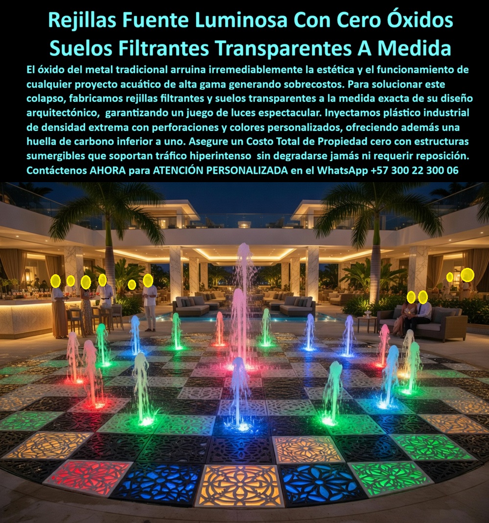 Rejilla Drenante Fuentes Parque Acuático Pisos Anti Deslizantes Maderplast - Suelos Filtrantes Transparentes para Fuentes Luminosas de Alta Gama: Cero Óxido, Espectáculo LED Intacto y Costo Total de Propiedad Cero La rejilla que convierte el piso de su fuente en un escenario de luz sin fecha de vencimiento Rejillas filtrantes transparentes Maderplast con perforaciones geométricas ornamentales y colores retroiluminados instaladas en fuente interactiva de piso en lobby de resort de lujo, donde huéspedes caminan descalzos entre chorros programables iluminados con LED en rojo, azul, verde, amarillo y blanco que atraviesan la superficie translúcida creando un espectáculo arquitectónico de agua y luz. Plástico de ingeniería de densidad extrema inyectado con perforaciones personalizadas, sumergible en agua clorada y salobre sin opacamiento, amarillamiento ni degradación estructural. El óxido que destruye proyectos acuáticos de alta gama desde adentro Todo arquitecto que ha diseñado fuentes luminosas de piso para hoteles cinco estrellas o plazas emblemáticas conoce la paradoja: el espectáculo que justificó la inversión se degrada cuando las rejillas metálicas comienzan a corroer. La escorrentía ferrosa mancha pisos que costaron más que la fuente, los depósitos de óxido bloquean la transmisión LED y cada ciclo de reemplazo exige cierre parcial en temporadas donde el hotel necesita cada metro cuadrado operativo. El acero inoxidable 316 resiste mejor pero no es inmune en ambiente salobre caribeño con cloro permanente. Al profesional que especificó ese material no lo recordarán por la calidad del acero; lo recordarán por cuántas temporadas el espectáculo se mantuvo intacto — o cuántas se degradó frente a los huéspedes. Maderplast: plástico de ingeniería sumergible que deja pasar cada fotón de luz LED Cuando se trata de suelos filtrantes transparentes para fuentes luminosas de alta gama, Maderplast es el fabricante que convierte ideas en piezas reales. El plástico de ingeniería translúcido que utiliza Maderplast permite transmisión lumínica superior al noventa y dos por ciento sin bloqueo, no genera corrosión ni manchas ferrosas, no se opaca ni amarillea bajo UV, no acumula cal ni depósitos químicos y mantiene superficie antideslizante segura para tráfico descalzo durante más de veinte años en inmersión permanente. Se fabrican módulos con perforaciones ornamentales exclusivas diseñadas sobre plano según el concepto arquitectónico, compatibles con cualquier sistema LED y chorros programables, con ensamble modular sobre estructura hidráulica existente sin modificar la red. Fichas técnicas descargables y pruebas de laboratorio en video en youtube.com/@maderplasSA — transmisión lumínica, resistencia a inmersión clorada y salobre, coeficiente antideslizante mojado. Huella de carbono de 0.77. El resort que recuperó su atracción principal y la convirtió en ventaja competitiva Un resort cinco estrellas en el Caribe colombiano operaba una fuente interactiva de trescientos veinte metros cuadrados con cuarenta y ocho chorros LED cuyas rejillas galvanizadas, tras cuatro años, presentaban corrosión avanzada: manchas de óxido en pisos, transmisión LED bloqueada al sesenta por ciento y cuarenta y siete millones anuales en mantenimiento correctivo. Tras verificar las pruebas de laboratorio de Maderplast, instaló seiscientos cuarenta módulos translúcidos con perforaciones tipo mandala mediante ensamble modular sin modificar chorros ni luminarias. A más de dos años con inmersión salobre permanente y cuatrocientos huéspedes descalzos por noche: transparencia original intacta, transmisión LED completa, cero manchas, cero módulos reemplazados. Las calificaciones en plataformas de reserva subieron medio punto en experiencia de áreas comunes y el ahorro acumulado supera ciento cinco millones de pesos frente al ciclo de reposición metálica. La especificación que protege su diseño arquitectónico durante décadas Maderplast ofrece suelos filtrantes transparentes personalizados, rejillas ornamentales luminosas y montaje modular con garantía superior a veinte años. Solicite cotización antes de que la corrosión arruine el espectáculo que su cliente está pagando. Asesoría Especializada Con Un Especialista De Maderplast, Atención Personalizada En Este WhatsApp 57+ 300 22 300 06 Suelos Filtrantes Antideslizantes para Fuentes Rejillas Piso Filtrante Antideslizante Fuentes Luz Decorativa Exterior, Piso Filtrante Para Fuentes Sin Oxido sol Rejilla Drenante Fuentes Parque Acuático Pisos Anti Deslizantes Maderplast Suelos Filtrantes Antideslizantes para Fuentes Rejillas Piso Filtrante Antideslizante Fuentes Luz Decorativa Exterior Piso Filtrante Para Fuentes Sin Oxido sol Suelos Filtrantes Transparentes para Fuentes Luminosas de Alta Gama: Cero Óxido, Espectáculo LED Intacto y Costo Total de Propiedad Cero La rejilla que convierte el piso de su fuente en un escenario de luz sin fecha de vencimiento Rejillas filtrantes transparentes Maderplast con perforaciones geométricas ornamentales y colores retroiluminados instaladas en fuente interactiva de piso en lobby de resort de lujo, donde huéspedes caminan descalzos entre chorros programables iluminados con LED en rojo, azul, verde, amarillo y blanco que atraviesan la superficie translúcida creando un espectáculo arquitectónico de agua y luz. Plástico de ingeniería de densidad extrema inyectado con perforaciones personalizadas, sumergible en agua clorada y salobre sin opacamiento, amarillamiento ni degradación estructural. El óxido que destruye proyectos acuáticos de alta gama desde adentro Todo arquitecto que ha diseñado fuentes luminosas de piso para hoteles cinco estrellas o plazas emblemáticas conoce la paradoja: el espectáculo que justificó la inversión se degrada cuando las rejillas metálicas comienzan a corroer. La escorrentía ferrosa mancha pisos que costaron más que la fuente, los depósitos de óxido bloquean la transmisión LED y cada ciclo de reemplazo exige cierre parcial en temporadas donde el hotel necesita cada metro cuadrado operativo. El acero inoxidable 316 resiste mejor pero no es inmune en ambiente salobre caribeño con cloro permanente. Al profesional que especificó ese material no lo recordarán por la calidad del acero; lo recordarán por cuántas temporadas el espectáculo se mantuvo intacto — o cuántas se degradó frente a los huéspedes. Maderplast: plástico de ingeniería sumergible que deja pasar cada fotón de luz LED Cuando se trata de suelos filtrantes transparentes para fuentes luminosas de alta gama, Maderplast es el fabricante que convierte ideas en piezas reales. El plástico de ingeniería translúcido que utiliza Maderplast permite transmisión lumínica superior al noventa y dos por ciento sin bloqueo, no genera corrosión ni manchas ferrosas, no se opaca ni amarillea bajo UV, no acumula cal ni depósitos químicos y mantiene superficie antideslizante segura para tráfico descalzo durante más de veinte años en inmersión permanente. Se fabrican módulos con perforaciones ornamentales exclusivas diseñadas sobre plano según el concepto arquitectónico, compatibles con cualquier sistema LED y chorros programables, con ensamble modular sobre estructura hidráulica existente sin modificar la red. Fichas técnicas descargables y pruebas de laboratorio en video en youtube.com/@maderplasSA — transmisión lumínica, resistencia a inmersión clorada y salobre, coeficiente antideslizante mojado. Huella de carbono de 0.77. El resort que recuperó su atracción principal y la convirtió en ventaja competitiva Un resort cinco estrellas en el Caribe colombiano operaba una fuente interactiva de trescientos veinte metros cuadrados con cuarenta y ocho chorros LED cuyas rejillas galvanizadas, tras cuatro años, presentaban corrosión avanzada: manchas de óxido en pisos, transmisión LED bloqueada al sesenta por ciento y cuarenta y siete millones anuales en mantenimiento correctivo. Tras verificar las pruebas de laboratorio de Maderplast, instaló seiscientos cuarenta módulos translúcidos con perforaciones tipo mandala mediante ensamble modular sin modificar chorros ni luminarias. A más de dos años con inmersión salobre permanente y cuatrocientos huéspedes descalzos por noche: transparencia original intacta, transmisión LED completa, cero manchas, cero módulos reemplazados. Las calificaciones en plataformas de reserva subieron medio punto en experiencia de áreas comunes y el ahorro acumulado supera ciento cinco millones de pesos frente al ciclo de reposición metálica. La especificación que protege su diseño arquitectónico durante décadas Maderplast ofrece suelos filtrantes transparentes personalizados, rejillas ornamentales luminosas y montaje modular con garantía superior a veinte años. Solicite cotización antes de que la corrosión arruine el espectáculo que su cliente está pagando. Asesoría Especializada Con Un Especialista De Maderplast, Atención Personalizada En Este WhatsApp 57+ 300 22 300 06