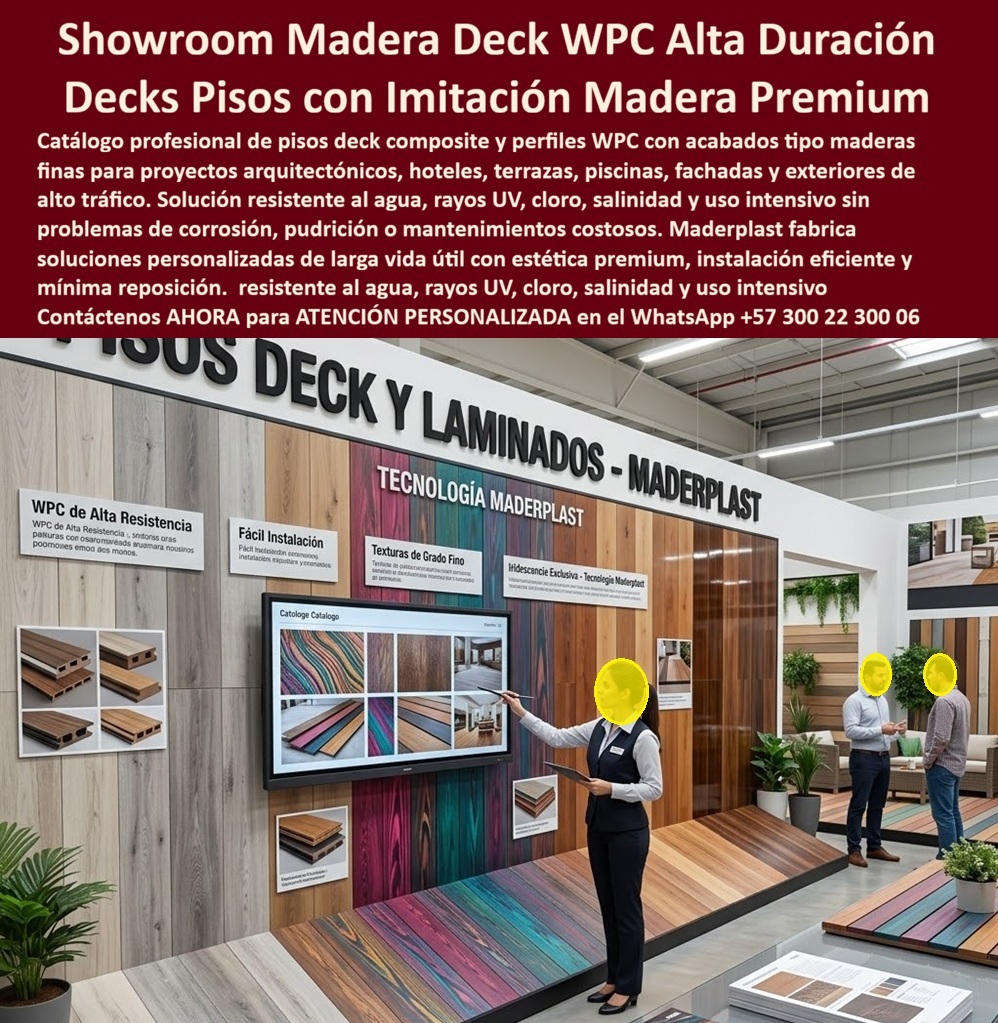 Catálogo Perfiles Plásticos Imitación Maderas Finas Texturas Maderplast Pisos Deck De Lujo Sin Mantenimiento Listos Instalar Pisos Deck Composite Acabado Realista Premium Sala Ventas Perfiles WPC Resistentes Cloro Exterior Showroom PP