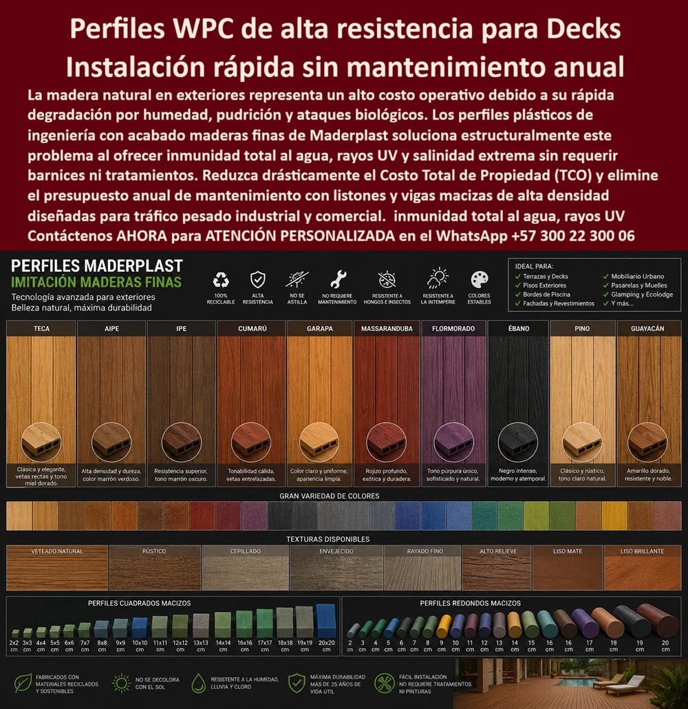 Catálogo Perfiles Plásticos Imitación Maderas Finas Texturas Maderplast Showroom Pisos Laminados WPC Texturas Maderas Antideslizante Listo Para Instalar Pisos Deck Para Salones Marinos Antihumedad Elegantes Deck Marino Exterior
