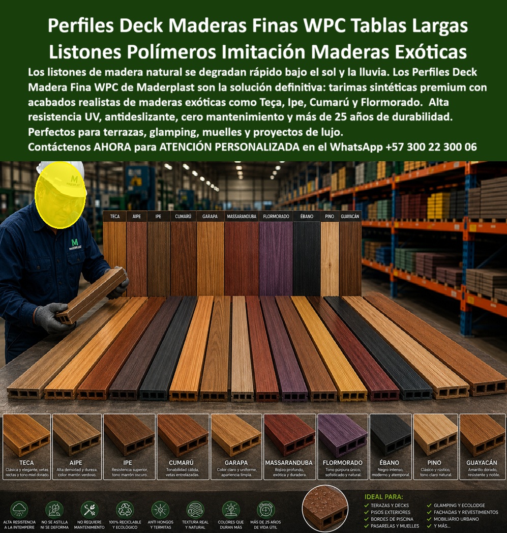 Perfiles Deck Madera Fina Pisos Sintéticos Wpc Elegantes Maderplast Listones De Polímero Para Terrazas Resistentes Al Sol Piso Sintético Imitación Maderas Exóticas Terraza Glamping Muelle Pisos Tipo Flormorado Inoxidables Perfil madera