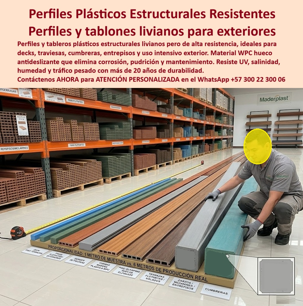 Perfiles Plásticos Livianos Alta Resistencia Perfil Estructural Maderplast Entablados Plásticos Durables Uso Intensivo Exterior Deck WPC Hueco Antideslizante Resistente Exterior Traviesas Rectangulares Incorrosibles Listas Para Instalar