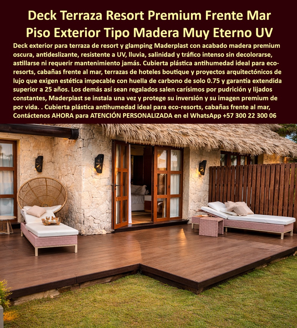 Piso Deck Resort Antideslizante Deck Exterior Tipo Madera Premium Maderplast Pisos Deck Para Terrazas Antihumedad Alta Resistencia Piso Terraza Resort Resistente UV Y Lluvia Cubierta Plástica Terraza Frente Mar Antideslizante Color sol