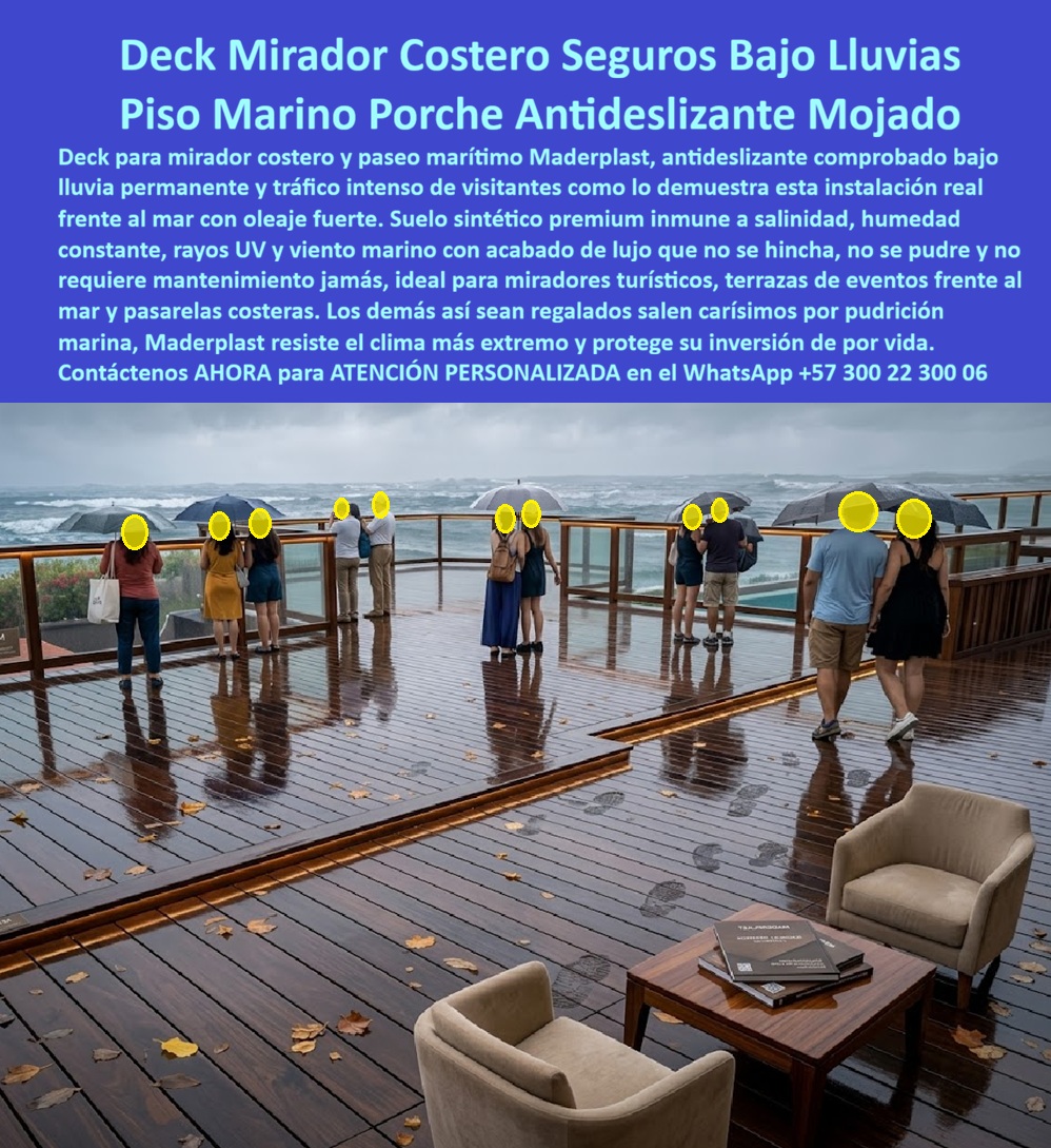 Pisos Deck Lluvia Permanente Ambientes Marinos Premium Maderplast Deck Mirador Costero Plástico Antideslizante Seguro Bajo Lluvia Suelo Sintético Paseo Marítimo mojado Entarimados De Lujo Para Eventos Libres De Humedad Seguros Deck PP