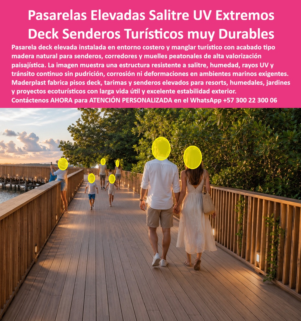 Pisos Decks Senderos Corredores Tarimas Pasarelas Elevadas Maderplast Pasarela Plástica Manglar Humedal Turístico Resistente Salitre UV Deck Muelle Elevado Plástico Resort Caribe Estructura Resistente Sendero Elevado Plástico Jardín AA