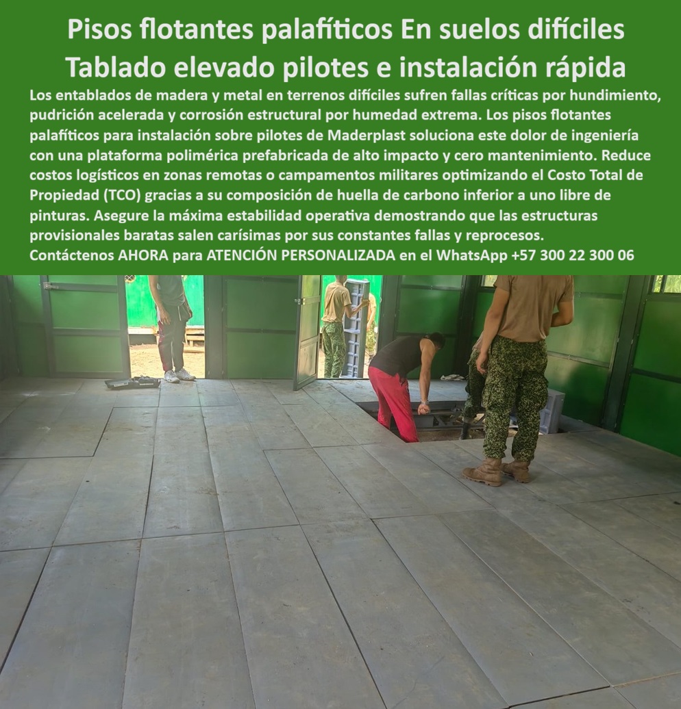Pisos Flotantes Palafíticos Instalación Pilotes Suelos Difíciles Maderplast Plataforma polimérica alto impacto cero mantenimiento duradera Tablado Elevado Pilotes Resistente Humedad Instalación Rápida Piso Prefabricado Industrial Pisos