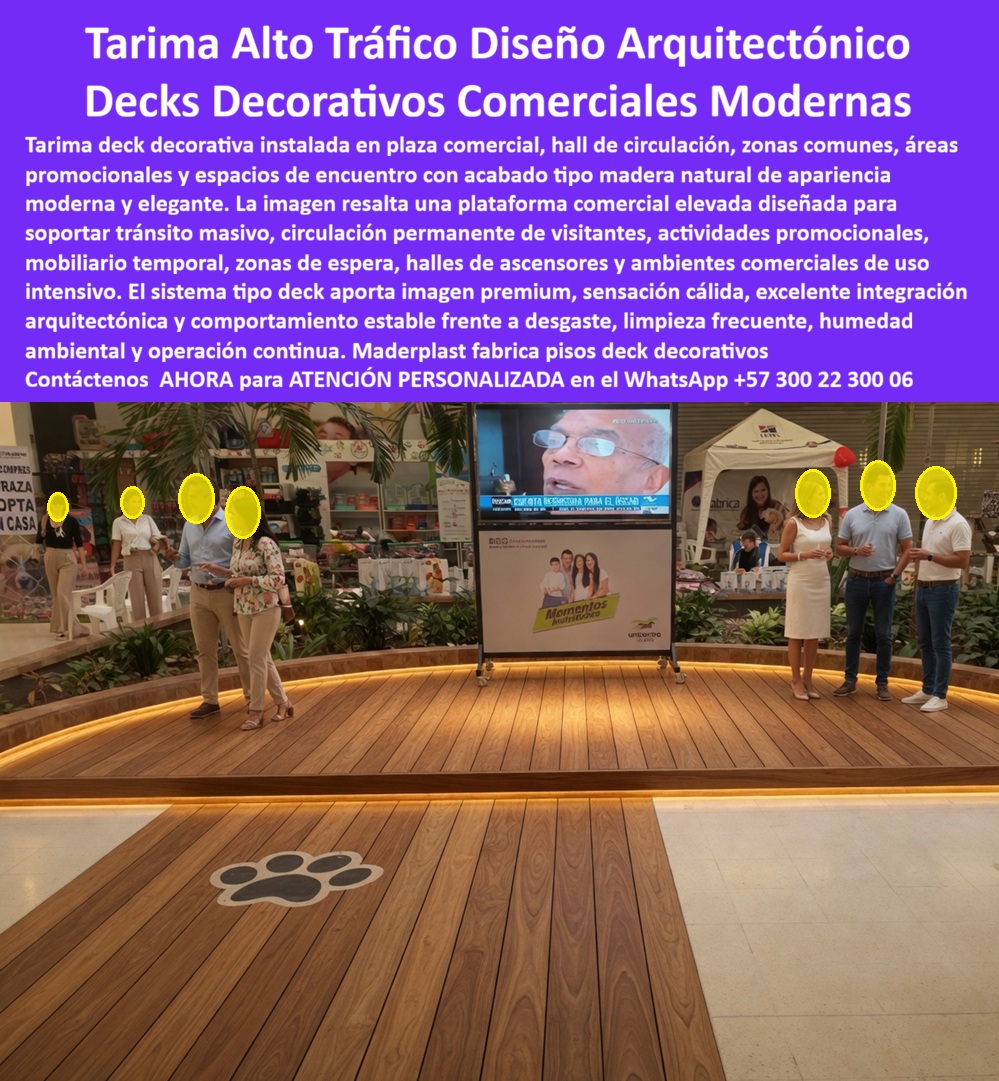 Tarima Plaza Comercial Pisos Deck Decorativos Modernos Maderplast Suelo Sintético Hall Ascensores Comercial Resistente Tráfico Masivo Tarima Composite Centro Comercial Diseño Elegante Decks Zonas Comunes Incorrosibles Listos Instalar
