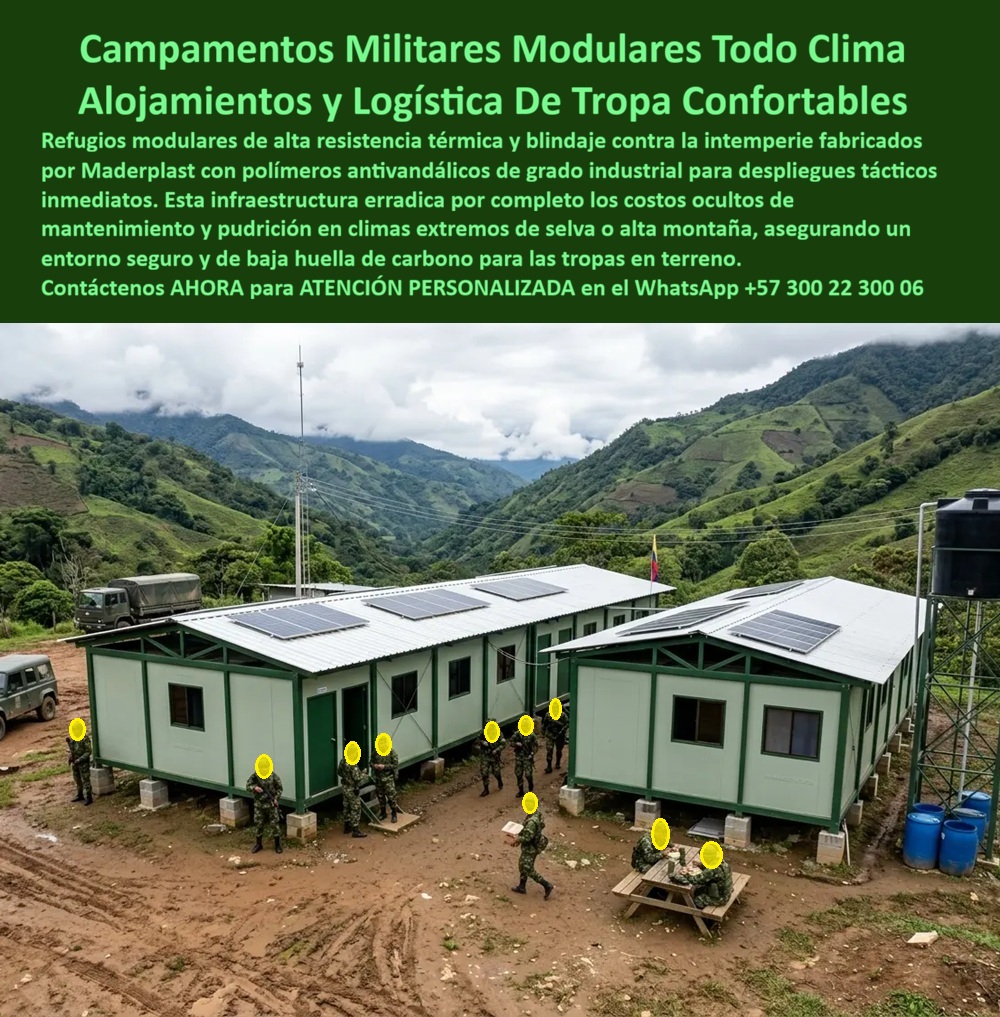 Alojamientos Brigadas Batallones Campamentos Militares Maderplast centros de mando modulares Campamentos de Brigadas móviles Puesto Mando Campamento Militar Modular Clima Extremo Alojamientos Modulares Tropas En Terreno Bases AAA  Campamentos Militares Modulares Maderplast: Alojamientos y Logística de Tropa Confortables Este campamento militar modular fabricado por Maderplast se despliega en terreno montañoso selvático. Integra dormitorios, centros de mando y servicios logísticos con estructura verde resistente, paneles solares y plataformas elevadas para tropas en operaciones. La imagen muestra su funcionalidad en condiciones de alta humedad y uso intensivo. Maderplast resuelve las necesidades operativas militares: exposición extrema al clima, vandalismo y mantenimiento en despliegues tácticos. Estos campamentos militares modulares, alojamientos para brigadas y bases AAA todo clima ofrecen blindaje antivandálico, aislamiento térmico, instalación rápida y durabilidad extrema con bajo mantenimiento. Ideales para batallones, brigadas y operaciones en selva o alta montaña. Comandantes y logísticos militares buscan: “Campamentos militares modulares todo clima”, “Alojamientos tropas confortables bases AAA”, “Centros mando modulares campamentos brigadas móviles”. Maderplast entrega la solución táctica: confort, seguridad y movilidad operativa. Un Oficial Logístico de Brigada (2025) testimonia: “Los refugios anteriores fallaban por humedad y transporte. Con Maderplast logramos confort real, resistencia y despliegue rápido. Mejoramos las condiciones y la operatividad de nuestras tropas”. Maderplast materializa campamentos militares modulares con calidad superior, ofreciendo alojamientos seguros, resistentes y confortables para misiones en terrenos exigentes. Asesoría Especializada con un Especialista de Maderplast. Atención personalizada en este WhatsApp +57 300 22 300 06.