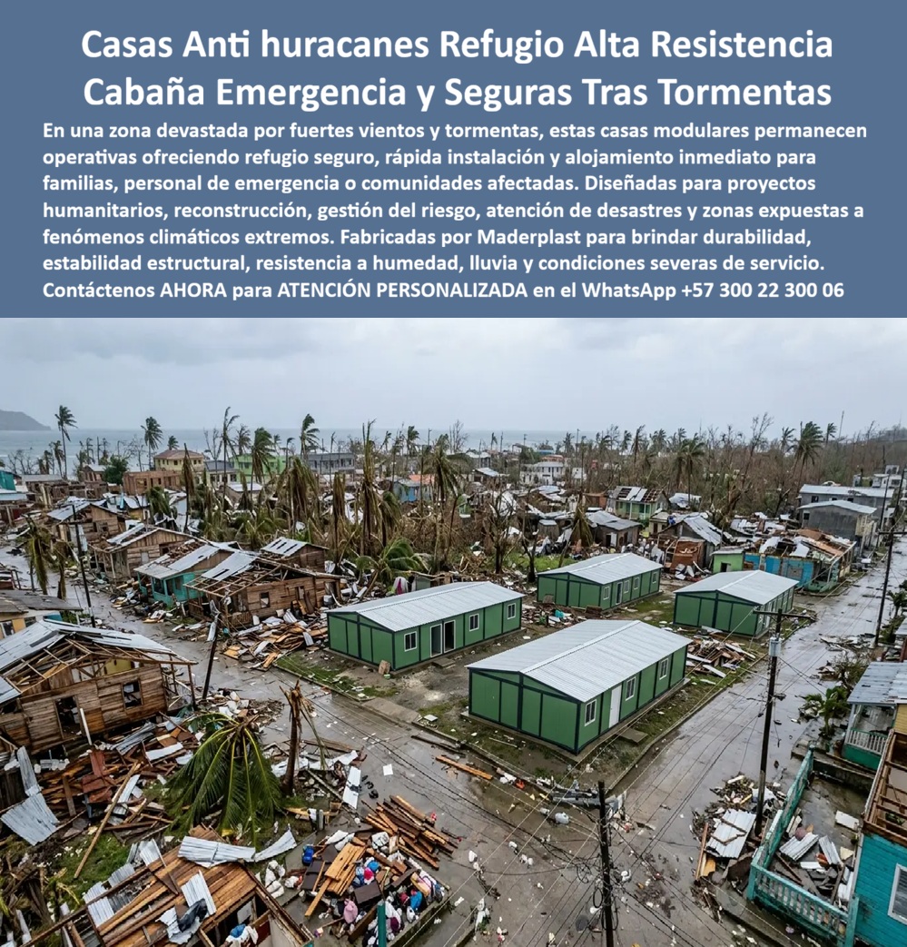 Cabañas Resistentes A Huracanes Casas Antihuracanes Maderplast Casas Antihuracanes Caseta Antihuracán Prefabricada Sobrevivió Tormenta Alta Resistencia Campo Testimonios De Resistencia Tormentas Estructuras Prueba De Destruccion A Cabañas Resistentes a Huracanes Casas Antihuracanes: Refugio Alta Resistencia Tras Tormentas Estas cabañas antihuracanes fabricadas por Maderplast permanecen intactas en medio de devastación total tras la tormenta. Su diseño modular con estructura de polímeros de alto impacto resiste vientos extremos, lluvias torrenciales y humedad permanente, ofreciendo refugio seguro y alojamiento inmediato para familias, personal de emergencia y comunidades afectadas. La imagen muestra su superioridad frente a construcciones destruidas Maderplast. Maderplast resuelve los problemas post-desastre: colapso estructural, inundaciones y falta de soluciones rápidas y duraderas. Estas casas antihuracanes, casetas anti huracán prefabricadas y estructuras a prueba de destrucción ofrecen alta resistencia a huracanes, instalación rápida y más de 20 años de durabilidad con cero mantenimiento. Ideales para gestión de riesgo, reconstrucción y zonas expuestas a fenómenos climáticos extremos. Autoridades de gestión de desastres, ONG y proyectistas de vivienda resiliente buscan: “Cabañas resistentes huracanes casas antihuracanes”, “Caseta anti huracán prefabricada sobrevivió tormenta”, “Testimonios resistencia tormentas estructuras prueba destrucción”. Maderplast entrega la solución confiable: refugio seguro y reconstrucción rápida. Un Coordinador de Emergencias (2025) testimonia: “Nuestras estructuras anteriores fueron arrasadas. Con Maderplast las cabañas resistieron el huracán intactas, permitiendo refugio inmediato y reconstrucción eficiente. Salvamos vidas y recursos”. Maderplast materializa cabañas antihuracanes con calidad superior, ofreciendo resistencia extrema, refugio seguro y tranquilidad en situaciones de emergencia climática. Asesoría Especializada con un Especialista de Maderplast. Atención personalizada en este WhatsApp +57 300 22 300 06.