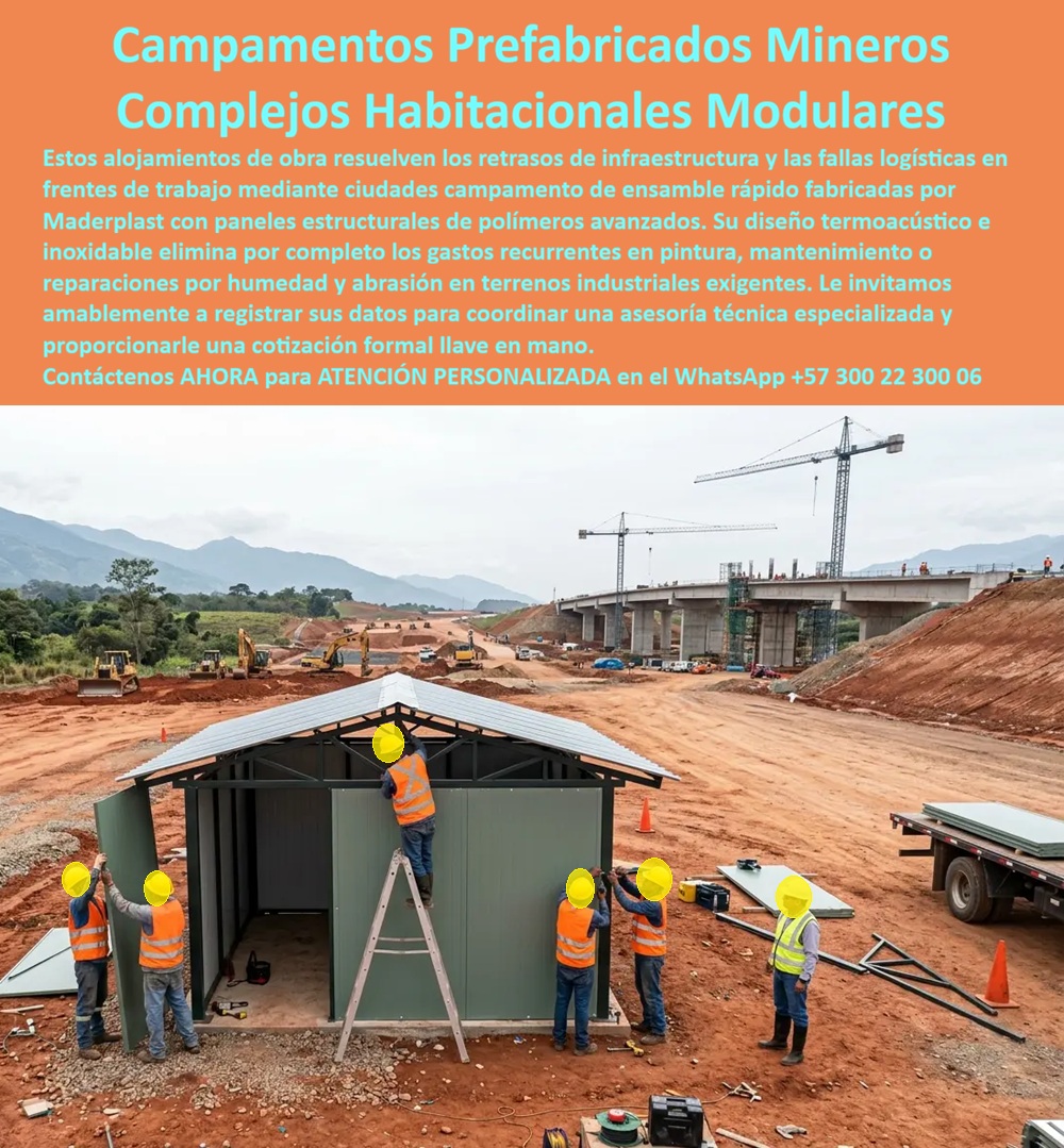 Campamento Prefabricado Personal Minero Campamento Maderplast Complejo Habitacional Minero Instalación Rápida Construcciones Modulares Termoacusticas Para Explotacion Minera Conjunto Dormitorios Campamento Minero Personalizado Instalado  Módulo habitacional color verde oliva con estructura metálica gris siendo ensamblado por cuatro operarios sobre terreno rojizo compactado, con camión de suministro de paneles al fondo y megaobra vial con puente en construcción activa: esta imagen documenta el momento exacto que diferencia un campamento prefabricado minero de instalación rápida de cualquier construcción temporal convencional, cuatro operarios sin maquinaria especializada ensamblando en horas una estructura termoacústica inoxidable que operará sin mantenimiento durante toda la vida del proyecto minero, vial o de infraestructura pesada Maderplast. En operaciones mineras, proyectos viales de gran escala y frentes de explotación en zonas remotas, el tiempo que transcurre entre la llegada del personal y el momento en que ese personal tiene alojamiento digno, seguro y con condiciones mínimas de descanso real determina directamente la productividad operativa desde la primera semana. Un trabajador alojado en carpa improvisada, container sin aislamiento térmico o estructura metálica sin acondicionamiento acústico no descansa efectivamente entre turnos, acumula fatiga física y cognitiva que genera errores operativos con consecuencias HSE documentadas y abandona el proyecto antes de completar el contrato, generando costos de rotación y reentrenamiento que el presupuesto de operaciones absorbe silenciosamente sin identificarlos como consecuencia directa de infraestructura habitacional deficiente. El sistema de ensamble en seco con paneles de plástico técnico de alta densidad verde oliva y estructura metálica galvanizada permite que cuatro operarios sin experiencia especializada en construcción modular instalen un módulo habitacional completo en pocas horas siguiendo el protocolo Maderplast, sin grúa, sin soldadura en campo, sin obra civil húmeda y sin tiempo de curado que retrase la ocupación. El diseño termoacústico integrado en el panel de doble capa aísla el interior de las temperaturas extremas del entorno minero, del ruido permanente de maquinaria pesada en operación continua y de la humedad de zonas tropicales o lluviosas, garantizando las condiciones de descanso efectivo que las normativas de bienestar laboral en minería exigen y que las aseguradoras de grandes proyectos verifican en sus auditorías periódicas. El conjunto de dormitorios para campamento minero personalizado instalado, el complejo habitacional minero de instalación rápida, las construcciones modulares termoacústicas para explotación minera y los alojamientos prefabricados para personal de obra en zonas remotas se fabrican sobre plano, con configuraciones de dormitorios individuales o compartidos, módulos de servicios sanitarios, comedores y oficinas técnicas integrados en un sistema coherente, con fichas técnicas, renders de implantación y cotización directa de fábrica para proyectos de cualquier escala. Maderplast diseña, fabrica, transporta e instala llave en mano desde la conceptualización hasta la primera noche de ocupación del personal. Asesoría Especializada con un Especialista de Maderplast, Atención Personalizada en este WhatsApp +57 300 22 300 06.