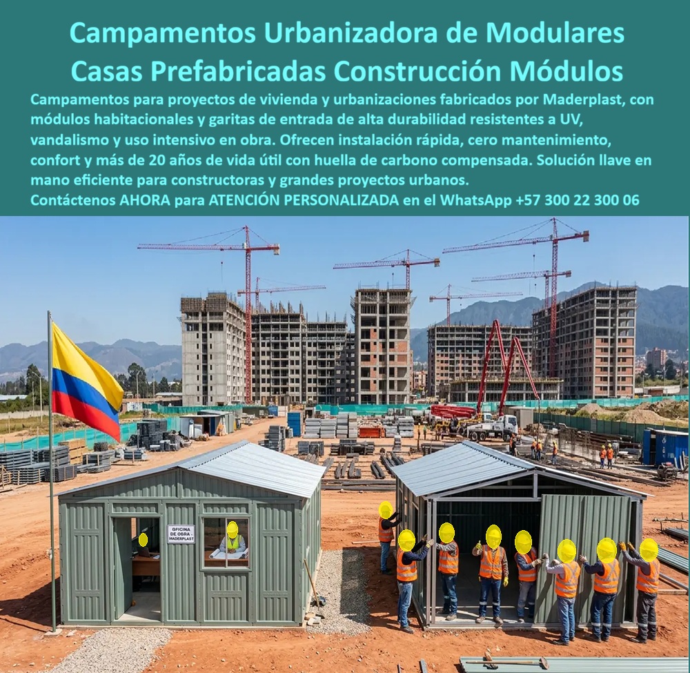 Campamento Proyectos Vivienda Campamentos De Obra Maderplast Campamento Para Construcción De Apartamentos Llave En Mano Garita Entrada Construcción Urbanizadora Modular Resistente UV Bajo Mantenimiento Campamentos De Obras Urbanas  CAMPAMENTO PROYECTOS VIVIENDA CAMPAMENTOS DE OBRA MADERPLAST  Los campamentos para proyectos de vivienda y campamentos de obra Maderplast fueron desarrollados para solucionar los problemas operativos que enfrentan las constructoras, urbanizadoras y desarrolladores inmobiliarios durante la ejecución de grandes proyectos habitacionales. La necesidad de oficinas de obra, alojamientos temporales, salas técnicas, comedores, bodegas, garitas de acceso y módulos administrativos exige estructuras resistentes, rápidas de instalar y capaces de soportar el uso intensivo propio de una urbanización en construcción.  El campamento para construcción de apartamentos llave en mano permite disponer de oficinas administrativas, áreas de supervisión, salas de ingeniería, puestos de seguridad, almacenes y espacios operativos desde las primeras etapas del proyecto. Los módulos Maderplast ofrecen una instalación rápida, permitiendo iniciar operaciones en pocos días y reduciendo significativamente los tiempos muertos de obra.  Las estructuras están fabricadas con materiales de alta durabilidad resistentes a la humedad, la radiación ultravioleta, la lluvia, el polvo y las condiciones propias de las obras civiles. A diferencia de las construcciones provisionales metálicas o de madera, los campamentos de obra urbanos Maderplast no se oxidan, no se pudren y mantienen su apariencia profesional durante toda la ejecución del proyecto.  Las búsquedas más frecuentes de los compradores incluyen: campamento para construcción de apartamentos, campamentos de obras urbanas, campamento para urbanizadoras, oficinas de obra prefabricadas, campamento modular para construcción, garita de entrada construcción urbanizadora, módulos de obra resistentes UV, campamentos para constructoras, oficinas temporales para proyectos inmobiliarios y alojamientos modulares para obras civiles.  Los campamentos de obra Maderplast pueden incorporar oficinas administrativas, salas de reuniones, dormitorios, baterías sanitarias, comedores, bodegas, cuartos eléctricos, centros de monitoreo y garitas de acceso. Su diseño modular permite ampliaciones futuras y adaptaciones según las etapas del proyecto y el crecimiento de la urbanización.  La garita de entrada para urbanizadoras brinda control de acceso vehicular y peatonal, mejorando la seguridad de la obra y proyectando una imagen profesional ante inversionistas, compradores y visitantes. Los módulos termoacústicos proporcionan mayor confort para el personal administrativo y operativo, aumentando la productividad y mejorando las condiciones laborales.  Estas soluciones son ideales para constructoras, proyectos VIS, proyectos VIP, conjuntos residenciales, desarrollos urbanos, edificaciones multifamiliares, obras civiles, proyectos de infraestructura y urbanizaciones de gran escala. La rápida instalación, la resistencia al vandalismo, el bajo mantenimiento y la larga vida útil convierten los campamentos modulares Maderplast en una inversión técnica y económica altamente eficiente.  Los campamentos para proyectos de vivienda Maderplast permiten a las constructoras disponer de soluciones completas, resistentes y personalizables que acompañan el desarrollo del proyecto desde la etapa inicial hasta la entrega final, garantizando operación continua, seguridad y excelente imagen institucional.  ASESORÍA ESPECIALIZADA CON UN ESPECIALISTA DE MADERPLAST. ATENCIÓN PERSONALIZADA EN ESTE WHATSAPP +57 300 22 300 06.