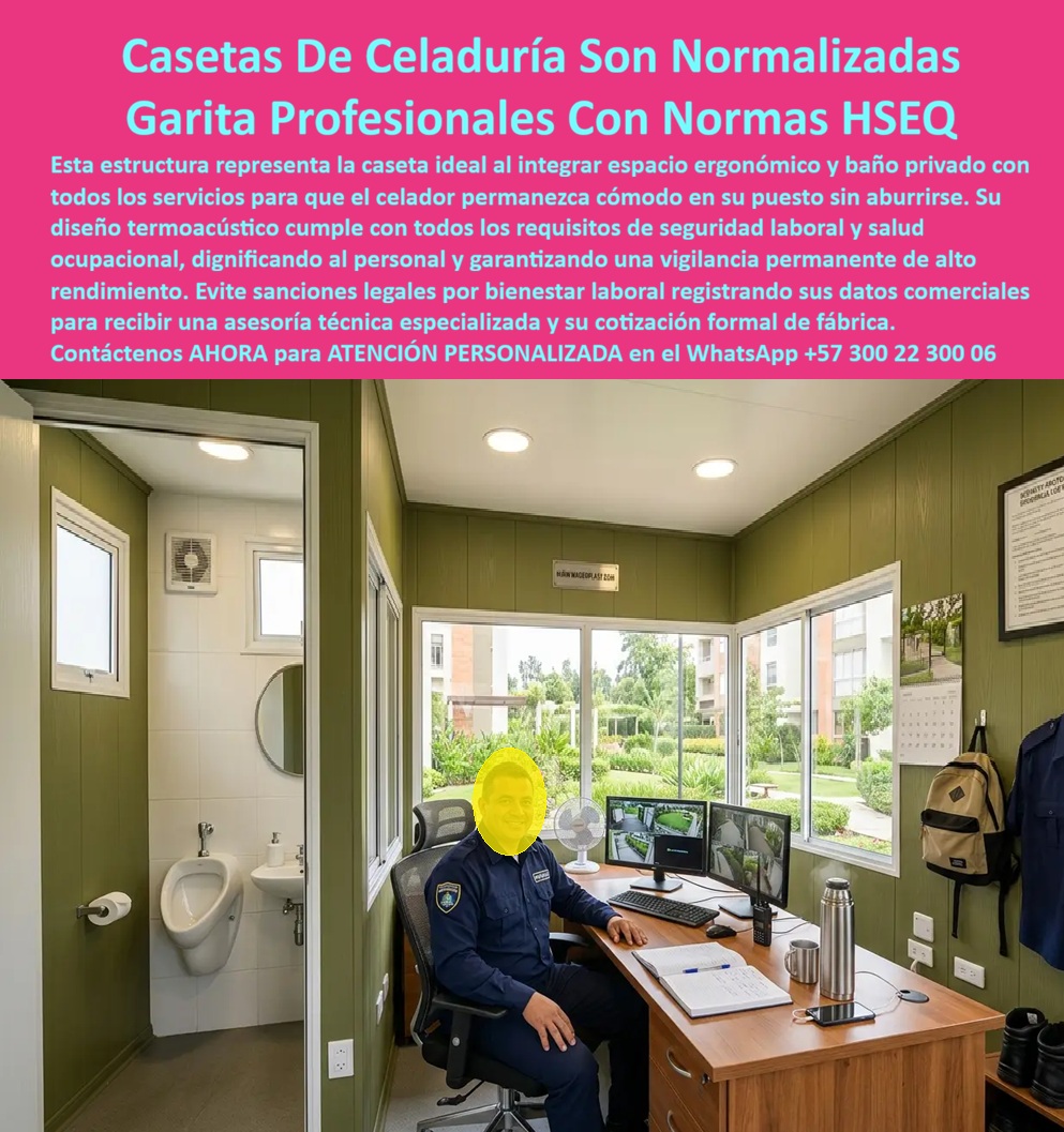Caseta Celaduría VIP Iluminada Garita Portería Baño Privado Maderplast Garita Profesional Vigilancia Permanente Garita Con Baño Privado Vigilancia Puesto De Control Confortable Termoacustico De Larga Durabilidad Garita Reglamentaria CASETA DE CELADURÍA VIP CON BAÑO PRIVADO Y PUESTO DE CONTROL HSEQ  Las casetas de celaduría VIP con baño privado representan actualmente la evolución más importante en los sistemas modernos de vigilancia, seguridad y control de acceso. Las empresas, conjuntos residenciales, edificios, parques industriales y proyectos institucionales buscan cada vez más una garita profesional de vigilancia permanente que ofrezca condiciones laborales adecuadas, cumplimiento HSEQ y una excelente imagen corporativa.  La garita con baño privado para vigilancia elimina uno de los principales problemas de las antiguas casetas metálicas o improvisadas: la incomodidad del personal durante jornadas extensas. El vigilante dispone de un espacio digno, higiénico y ergonómico que mejora la concentración, la productividad y la permanencia en el puesto de control.  El puesto de control confortable termoacústico permite integrar escritorio ergonómico, sistemas de monitoreo CCTV, radios de comunicación, computadores, aire acondicionado, ventilación, iluminación LED, mobiliario operativo y servicios sanitarios independientes. Esta distribución interior transforma la caseta en un verdadero centro de vigilancia permanente.  Las casetas de celaduría reglamentarias fabricadas por Maderplast cumplen los principios modernos de salud ocupacional, ergonomía y bienestar laboral. Su diseño favorece la vigilancia continua gracias a la amplia visibilidad, el confort térmico y el aislamiento acústico que reducen la fatiga del personal.  La garita profesional de vigilancia permanente es ampliamente utilizada en conjuntos residenciales, urbanizaciones cerradas, edificios corporativos, hospitales, industrias, puertos, universidades, parques empresariales y centros logísticos. Los responsables HSEQ, administradores y departamentos de seguridad buscan actualmente soluciones que combinen seguridad, comodidad y cumplimiento normativo.  Las búsquedas de los compradores incluyen términos como caseta de celaduría ergonómica, garita con baño privado vigilancia, puesto de control confortable termoacústico, caseta reglamentaria HSEQ, garita profesional de seguridad, caseta de vigilancia moderna, puesto de vigilancia confortable, caseta de celaduría con baño y centro de control de acceso. Estas palabras clave representan necesidades reales del mercado.  La estructura de polímeros de alta ingeniería elimina los problemas de oxidación, humedad, corrosión, pintura y deterioro que afectan las garitas metálicas convencionales. Los materiales resisten radiación ultravioleta, lluvia, ambientes agresivos y exposición permanente al exterior sin perder su apariencia ni requerir mantenimientos constantes.  El aislamiento termoacústico mejora las condiciones internas de trabajo, disminuye el ruido exterior y permite mantener temperaturas agradables durante todo el año. Esto beneficia tanto al personal de vigilancia como a la eficiencia de las operaciones de control.  Las casetas Maderplast pueden incorporar baño privado, lavamanos, locker, aire acondicionado, ventanas panorámicas, sistemas de monitoreo, redes de datos, iluminación interior y mobiliario personalizado según las necesidades de cada proyecto.  La diferencia entre una caseta tradicional y una garita profesional moderna no solamente se refleja en la apariencia. También influye directamente en la seguridad, la productividad, la imagen institucional y el cumplimiento de las normas de salud ocupacional.  Para empresas, conjuntos residenciales y proyectos que buscan puestos de control de larga duración, las casetas de celaduría VIP Maderplast constituyen una inversión segura, durable y altamente rentable, ofreciendo más de veinte años de vida útil con mínima intervención operativa.  Atención personalizada y asesoría técnica especializada de la fábrica Maderplast. WhatsApp +57 300 223 0006.