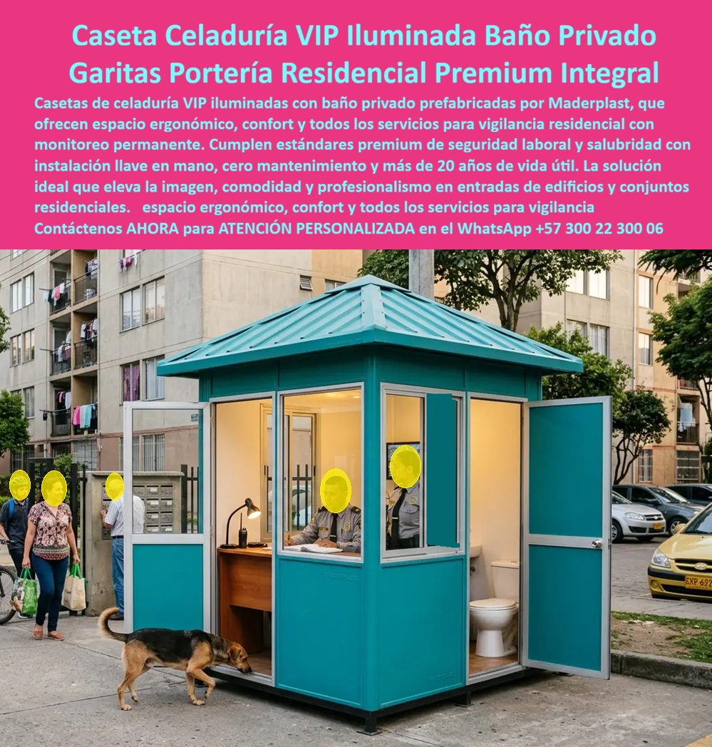 Caseta Celaduría VIP Iluminada Garita Portería Baño Privado Maderplast Puesto De Vigilancia Residencial Con Monitoreo Permanente Caseta De Vigilancia Con Baño Privado Prefabricada Integral Llave En Mano Garita Entrada Edificio Alto Caseta de celaduría VIP color turquesa intenso con techo a cuatro aguas tipo pagoda, ventanas panorámicas en todos los lados con marcos plateados, interior completamente equipado con escritorio de madera, lámpara, radio de comunicaciones, celador uniformado en función activa y sanitario blanco integrado en módulo lateral, iluminada con LED cálido y con puerta lateral de acceso,  Maderplast instalada sobre andén en acceso de conjunto residencial urbano colombiano: esta imagen muestra con precisión total lo que un puesto de vigilancia residencial con monitoreo permanente debe ser, no una garita vacía y fría donde el celador cuenta las horas, sino un espacio de trabajo completo, digno, funcional y profesional que garantiza vigilancia efectiva real durante los 365 días del año incluyendo turnos nocturnos, fines de semana y temporadas de lluvia intensa. Cada administrador de propiedad horizontal, cada empresa de vigilancia y cada copropietario que ha gestionado conflictos laborales con celadores que abandonan el puesto en turno nocturno, que reclaman condiciones sanitarias inadecuadas o que presentan bajo rendimiento por fatiga en espacios incómodos, entiende exactamente el problema que resuelve esta caseta de celaduría VIP iluminada con baño privado fabricada por Maderplast. Un celador que tiene escritorio ergonómico para documentar ingresos, iluminación LED adecuada para trabajo nocturno, baño privado integrado a metros de su posición y temperatura interior estable gracias al aislamiento térmico del plástico técnico de alta densidad, es un celador que permanece en su puesto, que registra con precisión cada visitante y que responde con eficacia ante cualquier novedad, convirtiendo la inversión en seguridad del conjunto en un resultado operativo real y no en una presencia decorativa que abandona la garita en la primera madrugada fría. El sanitario blanco integrado visible en la imagen no es un accesorio opcional: es el elemento que determina si la instalación cumple la normativa laboral colombiana de seguridad y salud en el trabajo para personal en turno continuó, eliminando la exposición legal de la administración del conjunto ante inspecciones del Ministerio de Trabajo, quejas sindicales y reclamaciones por condiciones indebidas de puesto de trabajo que generan multas y procesos administrativos costosos. La garita de entrada de edificio prefabricada integral llave en mano Maderplast resuelve simultáneamente el cumplimiento normativo HSE, el confort laboral del personal y la imagen institucional del conjunto en una sola inversión de bajo costo total de propiedad, sin obras civiles, sin tiempo de curado y sin interrupciones del servicio de vigilancia durante la instalación. El plástico técnico turquesa de alta densidad resiste sin degradación la humedad permanente del andén urbano, los rayos UV, el vandalismo, la suciedad ambiental de zonas de alto tráfico peatonal y vehicular, y el uso continuo intensivo de múltiples turnos diarios durante más de 20 años sin repintado, sin sellados y sin reposición estructural. Su color turquesa institucional se mantiene integral y brillante año tras año, proyectando una imagen de cuidado y profesionalismo que valoriza la percepción del conjunto ante residentes, visitantes e inmobiliarias. Las pruebas de resistencia extrema verificables en youtube.com/@maderplasSA respaldan técnicamente cada afirmación para el administrador o gerente de compras que necesita certeza antes de aprobar la inversión, eliminando el riesgo percibido que frena las decisiones de compra en propiedad horizontal. El puesto de vigilancia residencial con monitoreo permanente, la caseta de vigilancia con baño privado prefabricada integral, la garita de portería residencial premium llave en mano y el módulo de celaduría VIP iluminado para conjuntos cerrados y edificios de apartamentos se fabrican sobre plano, a la medida exacta del acceso, en colores institucionales del conjunto, con escritorio integrado, iluminación LED, sanitario completo y todas las instalaciones eléctricas e hidrosanitarias listas para conectar, con fichas técnicas descargables, planos acotados, renders realistas y cotización directa de fábrica sin intermediarios. Asesoría Especializada con un Especialista de Maderplast, Atención Personalizada en este WhatsApp +57 300 22 300 06.