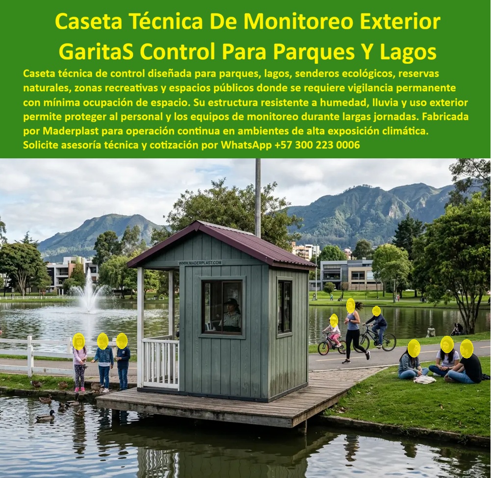 Caseta Técnica De Control Garita De Monitoreo Exterior Maderplast Punto De Controladores Celaduria Antivandálicos Listos Instalar Caseta De Celaduría Exterior Resistente Humedad Permanente Puesto De Control Pequeño Protección caseta  Caseta Técnica de Control Garita de Monitoreo Exterior: Punto de Control para Parques y Lagos Esta caseta técnica compacta de color verde gris fabricada por Maderplast se ubica sobre plataforma en un lago de parque público. Con ventanas amplias para vigilancia, techo protector y diseño ergonómico, ofrece un puesto de control cómodo y discreto en entornos naturales. La imagen muestra su integración armónica junto a familias y visitantes, destacando estética y funcionalidad Maderplast. Maderplast resuelve las necesidades de vigilancia en espacios públicos: exposición permanente a humedad, lluvia, vandalismo y mantenimiento elevado. Estas casetas de celaduría exterior, garitas de monitoreo y puestos de control antivandálicos ofrecen resistencia a humedad permanente, instalación rápida y durabilidad extrema con cero mantenimiento. Ideales para parques, lagos, senderos ecológicos y zonas recreativas. Administradores de parques, gerentes de áreas verdes y autoridades ambientales buscan: “Caseta técnica control garita monitoreo exterior”, “Punto controladores celaduría antivandálicos listos instalar”, “Caseta celaduría exterior resistente humedad permanente”. Maderplast entrega la solución óptima: confort, seguridad y bajo impacto visual. Un Administrador de Parque Urbano (2025) comenta: “Las garitas anteriores se deterioraron por la humedad. Con Maderplast tenemos resistencia real, confort para el personal y excelente presentación. Han mejorado la vigilancia y la experiencia de nuestros visitantes”. Maderplast materializa casetas técnicas de control con calidad superior, ofreciendo soluciones resistentes, funcionales y estéticas para entornos naturales y públicos. Asesoría Especializada con un Especialista de Maderplast. Atención personalizada en este WhatsApp +57 300 22 300 06.