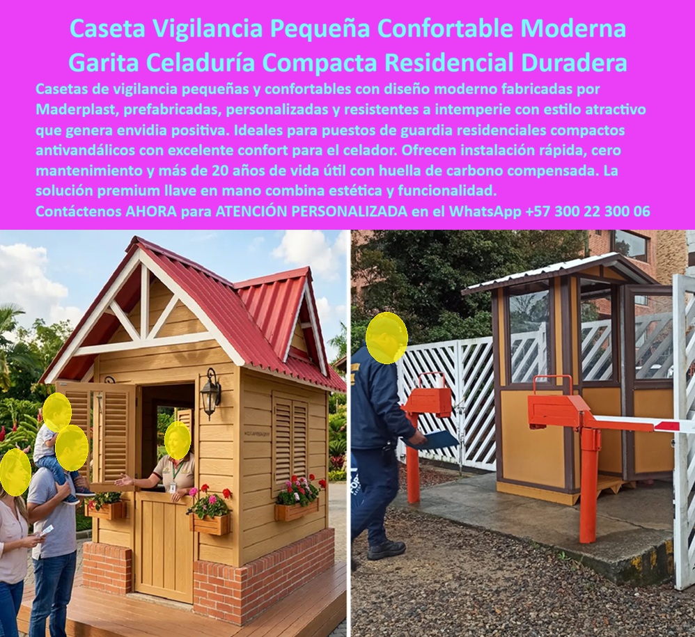 Caseta Vigilancia Pequeña Confortable Diseño Moderno Maderplast Caseta Celaduría Exterior Prefabricada Personalizada Durable Garantizada Puesto Guardia Residencial Compacto Resistente Intemperie Antivandalismo Garita De Control todo  Dos modelos compactos en una sola imagen: a la izquierda, caseta de vigilancia estilo cabaña premium con acabado imitación madera pino, techo a dos aguas con tejas rojas, vigas aparentes decorativas blancas, maceteros con flores, lámpara farol de pared y base de ladrillo a la vista, con celador atendiendo visitantes en jardín residencial; a la derecha, garita compacta rectangular con acabado imitación madera café Maderplast, pluma de acceso vehicular naranja y personal operando control de acceso en zona residencial urbana: estos dos modelos demuestran que Maderplast no fabrica un solo tipo de garita residencial, sino que personaliza cada caseta de celaduría exterior según el estilo arquitectónico, el presupuesto y los requerimientos operativos exactos de cada proyecto, desde la cabaña campestre de diseño premium hasta la garita urbana compacta funcional con control vehicular integrado. La caseta de vigilancia pequeña confortable estilo cabaña de la izquierda resuelve el problema estético más frecuente en conjuntos residenciales de estrato medio y alto: la garita que desentonan visualmente con la arquitectura del proyecto, que genera quejas de residentes y que los potenciales compradores perciben como señal de descuido en los acabados generales del conjunto. Los maceteros con flores rojas, la lámpara farol de pared, las persianas tipo shutters y las vigas aparentes decorativas no son caprichos estéticos: son los elementos de diseño que hacen que el visitante que llega por primera vez al conjunto sienta que el acceso tiene la misma calidad y el mismo cuidado que el resto del proyecto, generando esa primera impresión positiva que los promotores inmobiliarios saben que impacta directamente en la decisión de compra de los compradores potenciales que visitan el conjunto por primera vez. La garita compacta rectangular con pluma de acceso de la derecha resuelve el problema operativo más frecuente en conjuntos residenciales urbanos de estratos medios: el control vehicular en accesos de ancho reducido donde una garita de gran formato es imposible de instalar sin bloquear el carril de circulación. El formato compacto con pluma naranja integrada permite controlar simultáneamente el flujo vehicular de entrada y el registro peatonal desde una posición única sin desperdiciar espacio en el acceso, cumpliendo los requerimientos de control de acceso controlado premium que exigen los reglamentos de propiedad horizontal y las pólizas de seguro de los conjuntos residenciales modernos. El plástico técnico de alta densidad con acabado imitación madera en ambos modelos no requiere barnizado, no se pudre con la lluvia, no es atacado por insectos xilófagos que destruyen la madera natural en zonas húmedas tropicales, no pierde el color con los rayos UV y mantiene el aspecto cálido y residencial de la madera real durante más de 20 años sin ningún costo de mantenimiento, eliminando el gasto recurrente en barnizados y reparaciones que hace económicamente inviable cualquier garita de madera natural en el mediano plazo. El puesto de guardia residencial compacto resistente a intemperie y antivandalismo, la caseta celaduría exterior prefabricada personalizada durable, la garita de control de acceso compacta para conjuntos urbanos y la caseta de vigilancia pequeña confortable de diseño moderno se fabrican sobre plano, a medida, con fichas técnicas y cotización directa de fábrica. Asesoría Especializada con un Especialista de Maderplast, Atención Personalizada en este WhatsApp +57 300 22 300 06.