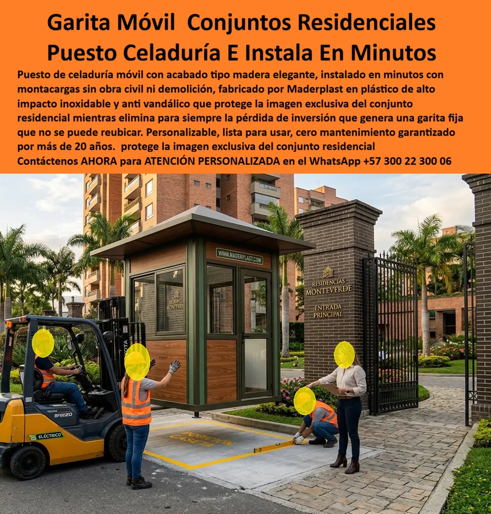 Caseta Vigilancia Removible Transportable Fácil Instalación Maderplast Puesto De Control Removible Vigilancia Garita Celaduría Móvil Montacargas Prefabricada Caseta De Vigilancia Móvil Conjuntos Residenciales Puesto De Celaduría A  Caseta Vigilancia Removible Transportable: Puesto de Control Removible Vigilancia Garita Celaduría Móvil Esta caseta de vigilancia removible con acabado tipo madera fabricada por Maderplast se muestra siendo instalada con montacargas en la entrada del conjunto residencial. Su diseño modular ligero permite un fácil traslado, ubicación precisa y puesta en marcha en minutos sin obras civiles. Ofrece control perimetral seguro, visibilidad amplia y confort para el personal de celaduría Maderplast Maderplast resuelve los problemas de garitas fijas: altos costos de construcción, imposibilidad de reubicación, deterioro rápido y mantenimiento constante. Estas casetas vigilancia removibles, puestos de control removible vigilancia, garitas celaduría móvil montacargas prefabricadas y casetas de vigilancia móvil conjuntos residenciales entregan resistencia a intemperie, antivandalismo y más de 20 años de durabilidad con mínimo mantenimiento. Fáciles de transportar y reubicar según necesidades del proyecto. Administradores de urbanizaciones, gerentes inmobiliarios y contratistas residenciales buscan: “Caseta vigilancia removible transportable fácil instalación”, “Puesto de control removible vigilancia”, “Garita celaduría móvil montacargas prefabricada”, “Caseta de vigilancia móvil conjuntos residenciales”. Maderplast entrega la solución flexible: movilidad, seguridad y estética premium. Un Administrador de Conjunto Residencial (2025) testimonia: “Necesitábamos garitas que pudiéramos mover según las fases de desarrollo. Con Maderplast logramos instalación rápida, durabilidad y excelente presentación. Han facilitado enormemente el control de accesos”. Maderplast materializa casetas removibles con calidad superior, ofreciendo soluciones transportables, resistentes y llave en mano para control de acceso en conjuntos residenciales. Asesoría Especializada con un Especialista de Maderplast. Atención personalizada en este WhatsApp +57 300 22 300 06.