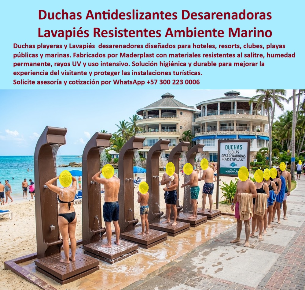 Duchas Playeras Lavapiés Antideslizante Duchas Exteriores Maderplast Ducha Portátil Exterior Hotel Durable Llave En Mano Lavapiés Desarenador Playa Turismo Resistente Salitre Instalar Garantizado Ducha Desarenadora Playa Prefabricado  Duchas Playeras Lavapiés Antideslizante Duchas Exteriores: Ducha Portátil Exterior Hotel Durable Maderplast Estas duchas playeras con lavapiés antideslizantes fabricadas por Maderplast se instalan en playas y zonas hoteleras frente al mar. Diseño columnar marrón con múltiples cabezales, plataformas seguras y sistema desarenador ofrece higiene y confort para turistas. La imagen muestra su uso práctico en entorno tropical con familias y visitantes. Maderplast resuelve los problemas de duchas costeras: corrosión por salitre, desgaste por arena y mantenimiento constante. Estas duchas playeras lavapiés antideslizante, duchas exteriores hoteleras y duchas desarenadoras playa turismo entregan resistencia al salitre, UV y uso intensivo, instalación llave en mano y durabilidad garantizada con cero mantenimiento anual. Gerentes hoteleros, administradores de playas y proyectistas turísticos buscan: “Duchas playeras lavapiés antideslizante duchas exteriores”, “Ducha portátil exterior hotel durable llave en mano”, “Lavapiés desarenador playa turismo resistente salitre”. Maderplast entrega la solución higiénica y duradera: confort para visitantes y bajo costo operativo. Un Gerente de Resort Costero (2025) testimonia: “Las duchas anteriores se oxidan rápido. Con Maderplast tenemos durabilidad real, cero mantenimiento y excelente experiencia para huéspedes. Mejoramos la imagen y reducimos costos”. Maderplast materializa duchas playeras con calidad superior, ofreciendo soluciones resistentes al ambiente marino, higiénicas y confiables para el turismo costero. Asesoría Especializada con un Especialista de Maderplast. Atención personalizada en este WhatsApp +57 300 22 300 06.