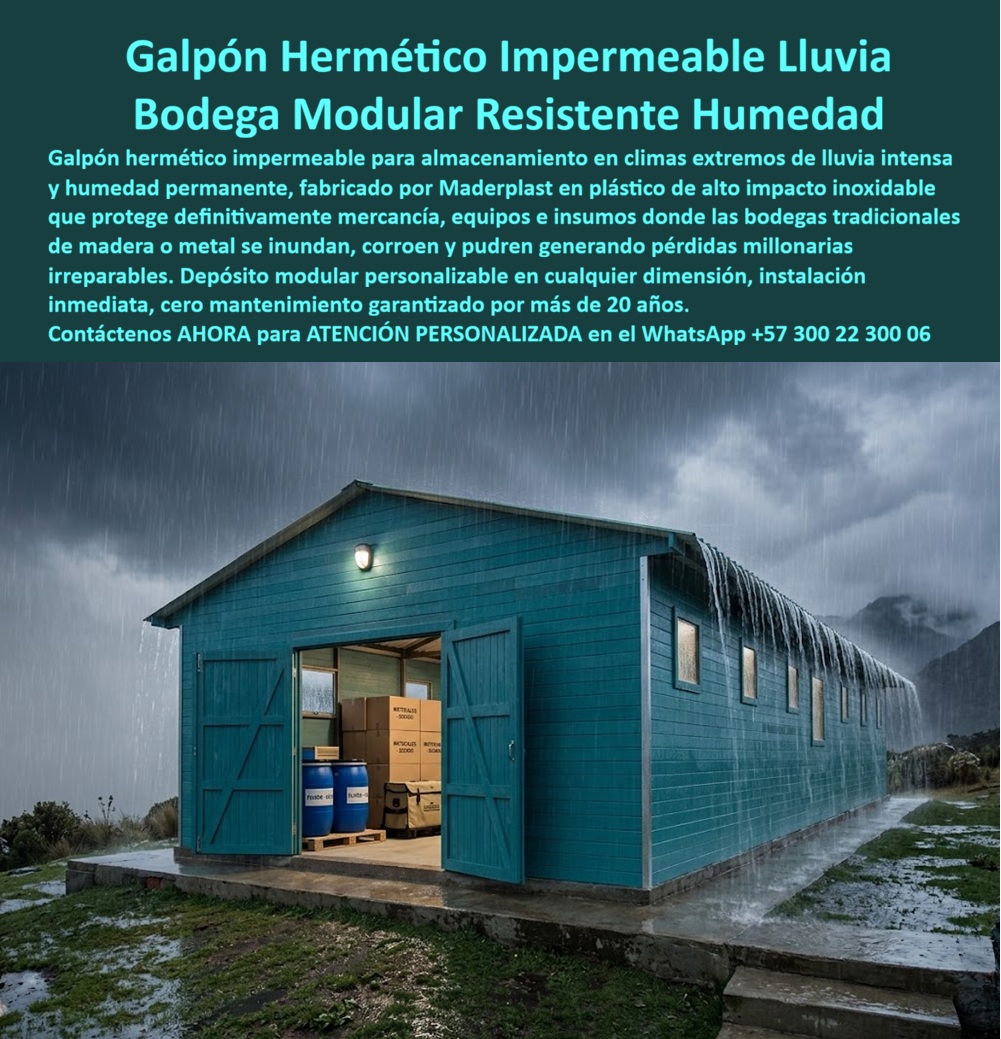 Galpón Hermético Protección Lluvia Extrema Bodega Impermeable Maderplast Casetas Almacenamiento Resistentes Al Clima Extremo Deposito Shelter Impermeable Grande Resistente Clima Humedad Extrema Bodega Modular Contra Lluvia Resguardo  Galpón modular color verde teal con paneles horizontales, techo de gran altura a dos aguas, puerta doble tipo granero abierta mostrando cajas de materiales, tambores industriales azules y estibas perfectamente organizadas en interior completamente seco, foco LED exterior encendido, con lluvia torrencial intensa generando cascadas por el techo, suelo inundado alrededor y cielo tormentoso sobre zona montañosa rural Maderplast: esta imagen documenta en condiciones climáticas extremas reales lo que distingue fundamentalmente una bodega de almacenamiento impermeable de verdad de una bodega que simplemente resiste la lluvia moderada hasta que llega la tormenta que nadie anticipó y destruye en una noche el inventario que tardó meses en acumular. El argumento que más dinero cuesta ignorar en la gestión de bodegas rurales, campamentos de obra, depósitos de insumos agrícolas y almacenes de materiales en zonas de alta pluviosidad es simple y documentado: una sola tormenta que penetra una bodega convencional de madera o metal con fallas de sello en juntas, tejas mal ancladas o condensación interior acumulada puede destruir en horas inventarios de materiales, equipos electrónicos, insumos químicos, documentación técnica y activos críticos cuyo valor supera entre diez y cien veces el costo de la bodega misma. La bodega modular contra lluvia de resguardo total Maderplast elimina ese riesgo por diseño de material, no por mantenimiento preventivo que se olvida, no por selladores que se degradan y no por techos que se anclan bien hasta que el viento los levanta. Los paneles horizontales de plástico técnico de alta densidad real no tienen juntas abiertas que filtren cuando la lluvia es lateral y persistente: el sistema de traslape geométrico entre paneles desvía el agua por gravedad hacia afuera en cualquier ángulo de impacto del viento, incluyendo los vientos huracanados de frente que generan presión positiva sobre la fachada y succiones negativas sobre los laterales que son precisamente las condiciones que hacen fallar las bodegas metálicas convencionales. El techo a dos aguas de gran altura y pendiente pronunciada evacúa el volumen máximo de lluvia tropical sin acumulación, sin deformación de cubierta bajo el peso del agua estancada y sin filtraciones por las ondas de la lámina que en techos planos o de baja pendiente se convierten en puntos permanentes de humedad interior. La plataforma elevada de concreto visible en la imagen resuelve el segundo vector de falla más común en bodegas de zonas lluviosas: la inundación del terreno circundante que ingresa por debajo de la puerta y por capilaridad ascendente a través de pisos de tierra o concreto poroso. Con el piso interior elevado sobre el nivel máximo de inundación del entorno, los materiales almacenados permanecen secos aunque el exterior esté completamente anegado, convirtiendo el depósito shelter impermeable grande resistente a clima y humedad extrema en un refugio de activos que opera con plena confiabilidad en los eventos climáticos que precisamente son los que más daño generan al inventario en bodegas convencionales. El foco LED exterior encendido durante la tormenta confirma que la instalación eléctrica permanece completamente funcional en condiciones de lluvia extrema, respaldada por el sellado hermético de todas las entradas de cableado en la estructura. La caseta almacenamiento resistente a clima extremo, la bodega modular hermética para zonas de alta pluviosidad, el depósito shelter impermeable para campamentos y haciendas y el galpón prefabricado para resguardo total de materiales e insumos se fabrican sobre plano, en cualquier dimensión requerida, con plataforma elevada incluida, fichas técnicas y cotización directa de fábrica. Asesoría Especializada con un Especialista de Maderplast, Atención Personalizada en este WhatsApp +57 300 22 300 06.