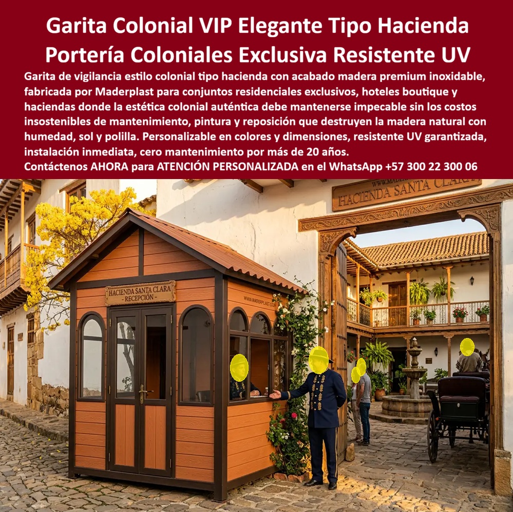 Garita Colonial De Vigilancia Elegancia Diseño Caseta VIP Maderplast Portería Colonial Conjuntos Residenciales Módulo Vigilancia Carcelaria Resistente Clima Extremo Puesto Vigilancia Reclusorio Modular Personalizado Resistente Intemperi  GARITA COLONIAL DE VIGILANCIA Y PORTERÍA TIPO HACIENDA PARA PROYECTOS EXCLUSIVOS  La garita colonial de vigilancia Maderplast ha sido desarrollada para haciendas, hoteles boutique, conjuntos residenciales, clubes campestres, centros turísticos y proyectos arquitectónicos que desean conservar la estética tradicional sin asumir los elevados costos de mantenimiento de la madera natural. La imagen muestra una portería colonial tipo hacienda instalada en un entorno histórico, donde la arquitectura, la elegancia y la seguridad deben integrarse en una sola solución.  Esta portería colonial para conjuntos residenciales ofrece control de acceso, recepción de visitantes, supervisión de ingreso y vigilancia permanente dentro de una construcción que armoniza con ambientes coloniales, patrimoniales y campestres. Su diseño arquitectónico aporta valor estético y fortalece la imagen institucional del proyecto.  Fabricada por Maderplast con polímeros estructurales de alta resistencia, la caseta reproduce la apariencia de la madera tradicional pero elimina los problemas de pudrición, polilla, humedad, hongos y deterioro causados por el clima. La estructura soporta lluvia, radiación ultravioleta, humedad permanente y cambios de temperatura sin perder color ni estabilidad dimensional.  Las garitas coloniales de vigilancia resultan ideales para haciendas turísticas, hoteles boutique, parcelaciones, clubes, condominios campestres y desarrollos inmobiliarios que buscan conservar una identidad arquitectónica tradicional. Los acabados tipo madera permiten integrarse perfectamente con construcciones coloniales y ambientes históricos.  La portería colonial para conjuntos residenciales puede incorporar sistemas de control de acceso, escritorios, redes de comunicación, monitoreo, iluminación, aire acondicionado, baños y diferentes configuraciones interiores según las necesidades del proyecto. Su construcción modular facilita la instalación y reduce considerablemente las obras civiles.  Las palabras clave que actualmente buscan los clientes incluyen garita colonial de vigilancia, elegancia diseño caseta VIP, portería colonial conjuntos residenciales, caseta tipo hacienda resistente a la intemperie, garita colonial para hoteles boutique, puesto de vigilancia modular personalizado y caseta colonial resistente al clima extremo. Estas búsquedas encuentran una solución real en las tecnologías desarrolladas por Maderplast.  La resistencia a la humedad, la estabilidad del color y la inmunidad frente a insectos o corrosión disminuyen considerablemente los costos de mantenimiento que normalmente afectan las construcciones en madera natural. La inversión se traduce en una imagen arquitectónica permanente y menores costos de operación durante toda la vida útil del proyecto.  Hoteles, haciendas, centros turísticos, condominios, clubes y proyectos inmobiliarios encuentran en Maderplast una alternativa que combina tradición arquitectónica con ingeniería moderna. La posibilidad de personalizar colores, dimensiones, acabados y distribución interior permite adaptar cada portería a las características particulares de la propiedad.  Las pruebas de materiales, la experiencia en construcciones modulares y el respaldo técnico de Maderplast brindan tranquilidad a arquitectos, diseñadores, administradores e inversionistas que buscan soluciones durables y estéticamente atractivas.  Cuando se requiere una garita colonial de vigilancia, una portería tipo hacienda o una caseta VIP con apariencia tradicional y larga vida útil, Maderplast ofrece una solución elegante, resistente y de mínimo mantenimiento que protege la inversión y conserva la belleza arquitectónica durante muchos años.  Asesoría Especializada Con Ingenieros De Maderplast. Atención Personalizada WhatsApp +57 300 223 0006.