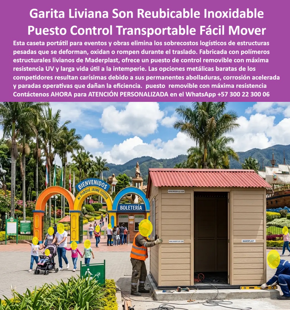 Garita Liviana Reubicable Puesto De Control Transportable Maderplast Caseta Portátil Eventos Puesto Control Removible Liviano Prefabricado Resistente Uv Larga Vida Garita Desmontable Reubicable Obra Garita De Vigilancia Fácil mover Garita Liviana Reubicable Puesto de Control Transportable: Caseta Portátil Eventos Esta garita liviana beige con techo rojo fabricada por Maderplast se muestra en proceso de instalación en un parque temático. Su diseño compacto y ligero permite fácil transporte, reubicación y montaje rápido sin obras complejas. Ideal para eventos, obras temporales y accesos que requieren movilidad Maderplast. Maderplast resuelve los inconvenientes de estructuras fijas: peso excesivo, dificultad de traslado, deterioro rápido y altos costos logísticos. Estas garitas livianas reubicables, puestos de control transportables, casetas portátiles eventos y garitas desmontables reubicables obra entregan resistencia UV, durabilidad a intemperie y larga vida útil con mínimo mantenimiento. Fáciles de mover con montacargas o grúa. Organizadores de eventos, gerentes de parques y contratistas de obra buscan: “Garita liviana reubicable puesto de control transportable”, “Caseta portátil eventos”, “Puesto control removible liviano prefabricado resistente UV larga vida”, “Garita desmontable reubicable obra garita de vigilancia fácil mover”. Maderplast es la solución práctica: movilidad, resistencia y eficiencia. Un Gerente de Parque Temático (2025) testimonia: “Necesitábamos garitas que pudiéramos mover según los eventos. Con Maderplast logramos ligereza, durabilidad y excelente presentación. Han facilitado enormemente nuestra operación”. Maderplast materializa garitas livianas con calidad superior, ofreciendo soluciones transportables, resistentes y listas para usar en eventos y proyectos dinámicos. Asesoría Especializada con un Especialista de Maderplast. Atención personalizada en este WhatsApp +57 300 22 300 06.