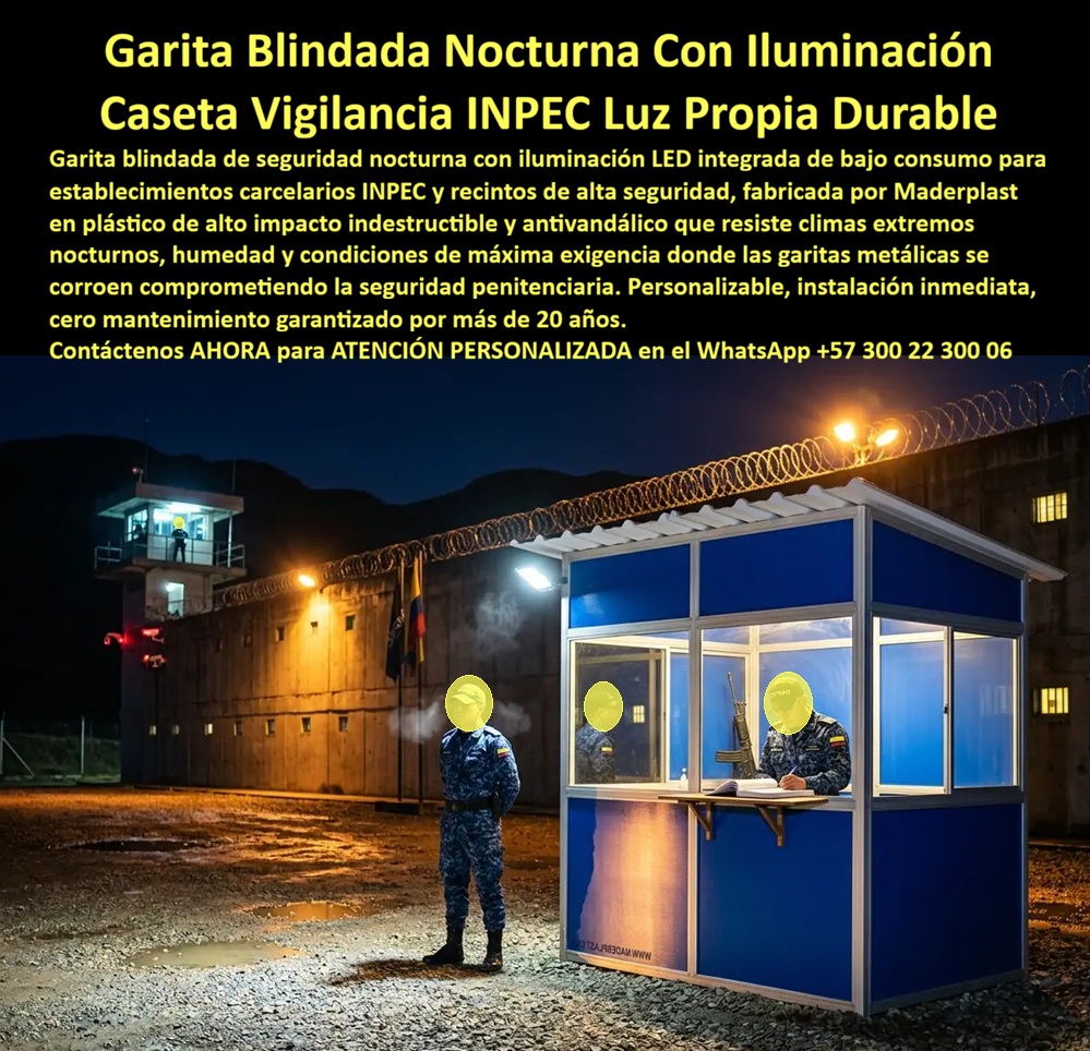 Garitas Blindadas De Seguridad Caseta Nocturna Con Luz Maderplast Garita De Seguridad Con Iluminación Integrada Bajo Consumo Caseta Vigilancia Nocturna INPEC Luz Propia Durable Sin Mantenimiento Puesto Control Nocturno Carcelario A Garita de seguridad nocturna color azul institucional con paneles macizos en parte inferior, ventanas panorámicas con marcos plateados, techo plano con alero, ventanilla de atención lateral e iluminación LED interior cálida encendida que proyecta luz hacia el exterior en plena madrugada, con personal INPEC armado documentando ingresos dentro y guardia en posición exterior, Maderplast muro perimetral con concertina, torre de control iluminada y suelo húmedo con reflejos de agua al fondo: esta imagen captura el momento operativo más crítico de cualquier establecimiento carcelario, la madrugada, cuando la vigilancia perimetral no puede fallar, cuando el cansancio del personal es mayor y cuando la iluminación del puesto de control determina si el guardia detecta una anomalía a tiempo o la descubre demasiado tarde. La garita blindada nocturna con iluminación integrada de bajo consumo no es un lujo operativo en un establecimiento penitenciario INPEC: es un requisito de seguridad no negociable. Un puesto de control carcelario sin iluminación propia confiable depende completamente de la red eléctrica del establecimiento, y cualquier corte de energía, falla de generador o sabotaje intencional del suministro eléctrico convierte el perímetro más crítico del establecimiento en un punto ciego exactamente cuando más se necesita visibilidad. El sistema LED de bajo consumo integrado en la garita Maderplast opera de forma autónoma con batería de respaldo, garantizando que el puesto de control permanezca iluminado y operativo independientemente del estado de la red eléctrica principal, eliminando la vulnerabilidad de seguridad perimetral más explotada en intentos de fuga documentados en establecimientos carcelarios de América Latina. La iluminación LED cálida visible desde el exterior en la imagen cumple además una función disuasoria psicológica que los protocolos de seguridad penitenciaria internacional reconocen como crítica: un puesto de control visiblemente iluminado, con personal claramente visible desde el exterior, comunica presencia activa y capacidad de respuesta inmediata, disuadiendo intentos de aproximación no autorizada al perímetro desde el primer instante de detección visual. La garita oscura o débilmente iluminada comunica exactamente lo contrario, y en un entorno de seguridad máxima esa diferencia perceptual tiene consecuencias operativas documentadas. El plástico técnico de alto impacto azul institucional con el que Maderplast fabrica los paneles macizos de esta caseta de vigilancia nocturna INPEC durable sin mantenimiento resiste sin degradación la humedad permanente de establecimientos en zonas andinas con lluvia frecuente, los cambios térmicos extremos entre el día caluroso y la madrugada fría, los impactos de alta energía en intentos de forzamiento del perímetro, la salinidad de establecimientos costeros y el vandalismo sistemático característico de entornos carcelarios de alta conflictividad, todo durante más de 20 años de operación continua en tres turnos sin repintado, sin corrosión, sin deformación estructural y sin ningún costo de mantenimiento que impacte el presupuesto operativo del establecimiento. Las ventanas panorámicas con marcos plateados garantizan visibilidad nocturna completa del interior hacia el exterior sin exposición directa del personal, permitiendo documentar ingresos, verificar credenciales y operar sistemas de comunicación con protección estructural total ante incidentes de seguridad. El puesto de control nocturno carcelario antivandálico iluminado, la garita de seguridad INPEC con luz propia y cero mantenimiento, la caseta perimetral penitenciaria blindada para operación nocturna continua y el shelter de vigilancia para recintos de alta seguridad se fabrican sobre plano, en colores institucionales certificados, con sistema de iluminación LED dimensionado, batería de respaldo y fichas técnicas para procesos de contratación pública. Asesoría Especializada con un Especialista de Maderplast, Atención Personalizada en este WhatsApp +57 300 22 300 06.