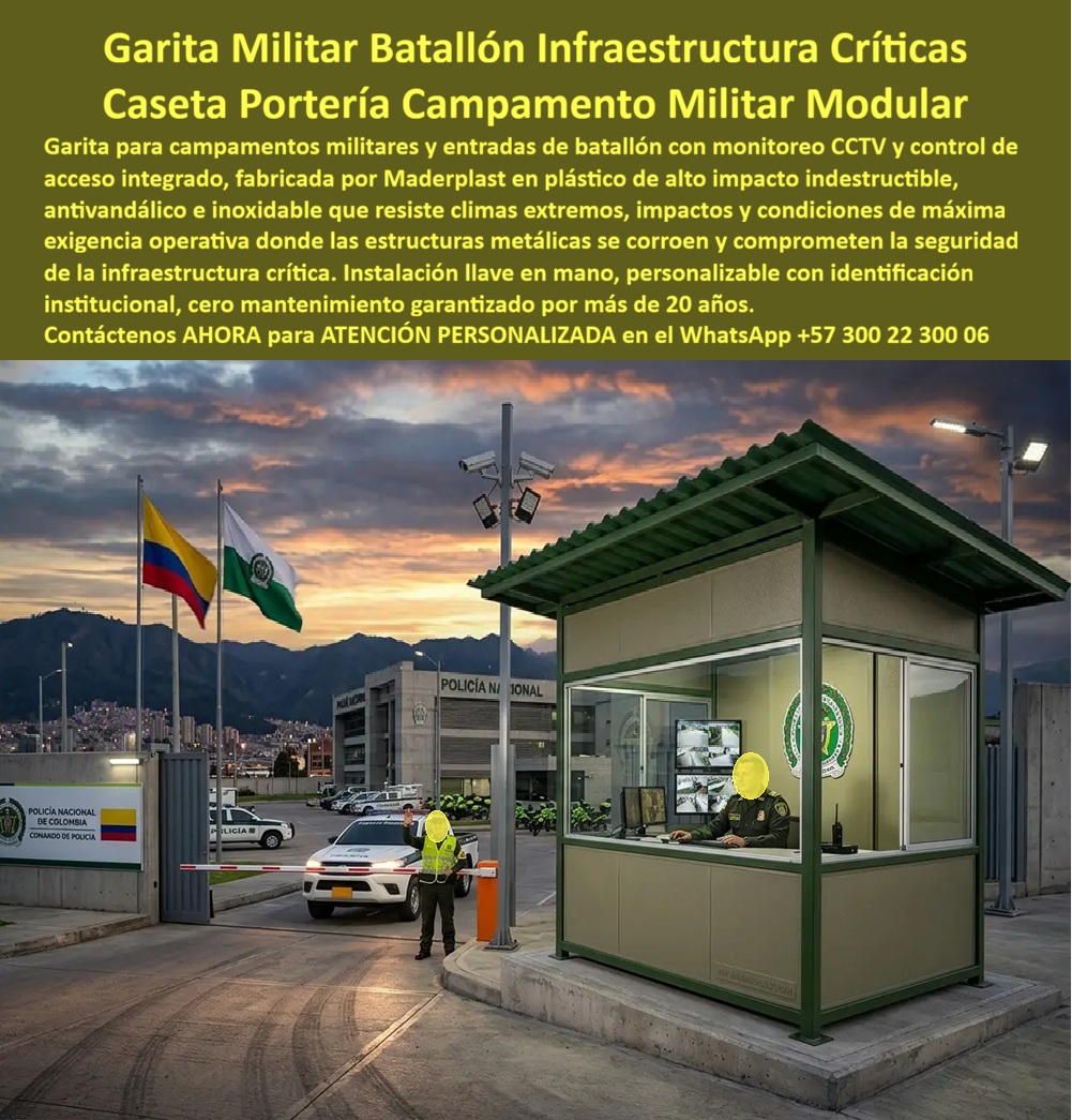Garitas Campamentos Militares Casetas Militares Portería Maderplast Garita Para Campamentos E Entradas Batallon Puestos De Vigilancia Infraestructura Crítica Caseta Portería Campamento Militar Modular Instalada Llave En Mano Segura GARITAS PARA CAMPAMENTOS MILITARES Y PUESTOS DE VIGILANCIA PARA INFRAESTRUCTURA CRÍTICA  Las garitas para campamentos militares Maderplast han sido desarrolladas para batallones, bases operativas, instalaciones estratégicas, centros de entrenamiento, infraestructura crítica, estaciones de seguridad, complejos institucionales y puestos de control que requieren vigilancia permanente y funcionamiento continuo. La imagen muestra una caseta militar de portería instalada en un acceso institucional con monitoreo, control vehicular y supervisión de ingreso, diseñada para operar bajo condiciones de máxima exigencia.  La garita para campamentos y entradas de batallón permite integrar control de acceso, monitoreo CCTV, comunicaciones, supervisión de visitantes y vigilancia perimetral dentro de una estructura resistente y de larga vida útil. Los puestos de vigilancia para infraestructura crítica deben funcionar permanentemente, incluso bajo lluvia, radiación solar, humedad, contaminación o condiciones ambientales agresivas.  Fabricadas por Maderplast con polímeros estructurales de alta resistencia, estas casetas militares de portería resisten impactos, humedad, radiación ultravioleta y exposición continua a la intemperie sin presentar corrosión, oxidación ni deterioro estructural. A diferencia de las construcciones metálicas convencionales, no requieren pintura periódica ni costosos programas de mantenimiento.  Las casetas de portería para campamento militar modular instaladas llave en mano permiten reducir tiempos de construcción y poner rápidamente en funcionamiento la infraestructura de seguridad. Su diseño modular facilita el transporte, la instalación y la adaptación a diferentes necesidades operativas, permitiendo incorporar áreas de monitoreo, comunicaciones, escritorios, equipos electrónicos y sistemas de control.  Los puestos de vigilancia para infraestructura crítica son utilizados en instalaciones de seguridad, centros logísticos, bases operativas, zonas industriales, instalaciones energéticas, aeropuertos, puertos, proyectos estratégicos y complejos institucionales donde la continuidad operativa resulta fundamental. La amplia visibilidad mejora el control del entorno y aumenta la capacidad de supervisión del personal.  La garita para campamentos y entradas de batallón también puede incorporar sistemas de iluminación, aire acondicionado, baños, redes de datos, sistemas de videovigilancia y control electrónico de accesos. Estas características mejoran las condiciones de trabajo y aumentan la eficiencia operativa del personal encargado de la seguridad.  Las palabras clave que hoy buscan los responsables de infraestructura incluyen garitas campamentos militares, casetas militares portería, garita para campamentos y entradas batallón, puestos de vigilancia infraestructura crítica, caseta portería campamento militar modular instalada llave en mano segura, garita de seguridad institucional y caseta de control de acceso militar. Todas estas necesidades encuentran una solución técnica real en la ingeniería desarrollada por Maderplast.  La resistencia a la humedad, la estabilidad estructural y la durabilidad superior permiten disminuir costos de mantenimiento, eliminar problemas de corrosión y garantizar una excelente presentación institucional durante muchos años. La estructura conserva su apariencia y funcionalidad incluso en ambientes de uso intensivo.  Ingenieros, responsables de infraestructura, administradores de seguridad, contratistas institucionales y entidades encargadas de la protección de instalaciones encuentran en Maderplast una alternativa durable y confiable para proyectos de seguridad y control de acceso.  Las pruebas de materiales, la experiencia en soluciones modulares y el respaldo técnico de Maderplast brindan tranquilidad a quienes deben especificar o aprobar este tipo de infraestructura. La inversión se traduce en mayor seguridad, menor mantenimiento y operación permanente.  Cuando se requieren garitas para campamentos militares, casetas de portería institucional o puestos de vigilancia para infraestructura crítica, Maderplast ofrece una solución técnica, resistente y durable que protege las instalaciones y garantiza funcionamiento continuo durante muchos años.  Asesoría Especializada Con Ingenieros De Maderplast. Atención Personalizada WhatsApp +57 300 223 0006.