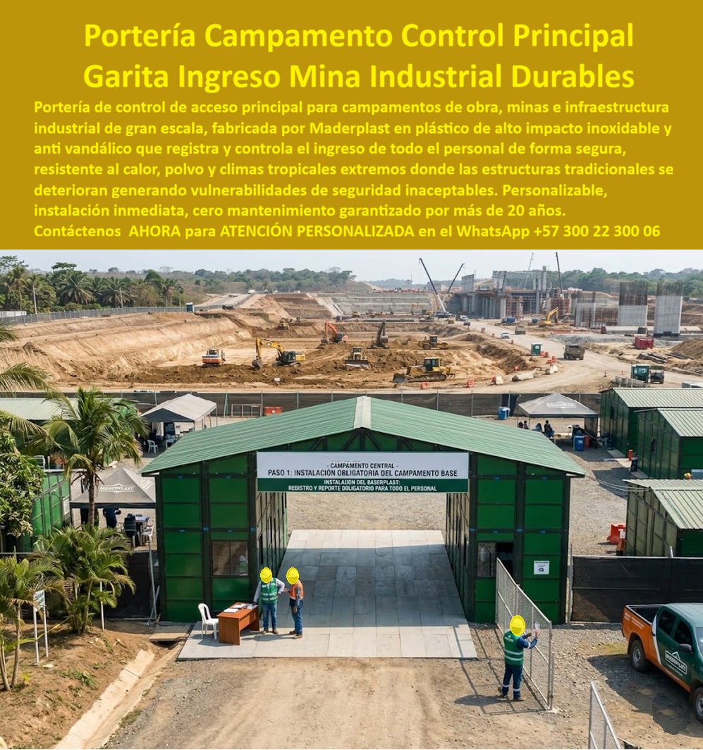 Porterias De Campamentos Portería Control Acceso Maderplast Garita Acceso Principal Obra Prefabricada Resistente Bajo Mantenimiento Punto Ingreso Mina Industrial Prefabricado Personalizado Larga Vida Punto De Control Entrada Campos  PORTERÍAS DE CAMPAMENTOS Y CONTROL DE ACCESO LISTOS PARA INSTALAR Las porterías de campamentos y puntos de control de acceso Maderplast fueron desarrollados para resolver uno de los problemas más importantes de los grandes proyectos: controlar de manera segura el ingreso y salida de personal, contratistas, visitantes, maquinaria y vehículos en obras de construcción, minas, campamentos industriales e infraestructura de gran escala MADERPLAST. En muchas operaciones las porterías provisionales se deterioran rápidamente por el calor, la humedad, el polvo, la lluvia y el uso intensivo, generando riesgos de seguridad y una imagen deficiente del proyecto.  La garita de acceso principal para obra prefabricada permite centralizar el control de ingreso, la verificación del personal, el registro de visitantes y la supervisión operacional en un solo punto. Su diseño modular facilita la instalación inmediata y permite adaptarse a campamentos mineros, proyectos hidroeléctricos, campos petroleros, obras civiles, infraestructura vial, puertos y grandes desarrollos industriales.  Las búsquedas más frecuentes del mercado incluyen: porterías de campamentos, portería control acceso Maderplast, garita acceso principal obra prefabricada, punto ingreso mina industrial, control de acceso para campamentos, portería industrial prefabricada, garita de seguridad para obras, puesto de control para minas, acceso vehicular industrial, portería para proyectos de infraestructura y puntos de control de entrada para campamentos.  El punto de ingreso mina industrial prefabricado ofrece alta resistencia a la humedad, la radiación ultravioleta, el polvo, las lluvias y las condiciones severas de operación. Los materiales estructurales Maderplast no se oxidan, no se corroen y no requieren pintura periódica, reduciendo significativamente los costos de mantenimiento durante toda la vida útil del proyecto.  Estas porterías permiten incorporar oficinas administrativas, áreas de registro, monitoreo CCTV, sistemas biométricos, control vehicular, barreras de acceso, iluminación, redes de comunicación y zonas de espera. El diseño modular facilita ampliaciones futuras y adaptaciones según el crecimiento de la operación.  Las porterías para campamentos son ideales para minería, petróleo, infraestructura, hidroeléctricas, construcción de túneles, obras civiles, plantas industriales, puertos, proyectos energéticos y grandes desarrollos logísticos. Su resistencia estructural y capacidad de operación continua permiten mantener elevados estándares de seguridad y control operacional.  El sistema termoacústico proporciona mejores condiciones laborales para el personal de vigilancia y administración. La protección UV, la estabilidad dimensional y la resistencia al vandalismo convierten estas estructuras en una solución de larga duración incluso en ambientes extremadamente exigentes.  La rápida instalación permite habilitar el acceso principal del proyecto en pocos días, evitando retrasos y facilitando el inicio de las operaciones. La imagen profesional de la portería también fortalece la presentación institucional del proyecto frente a clientes, inversionistas, interventores y entidades de control.  Las porterías de control de acceso Maderplast representan una solución integral para proyectos que requieren seguridad, durabilidad, control operacional y reducción de costos de mantenimiento durante toda la vida útil de la infraestructura.  ASESORÍA ESPECIALIZADA CON UN ESPECIALISTA DE MADERPLAST.  ATENCIÓN PERSONALIZADA EN ESTE WHATSAPP +57 300 22 300 06.