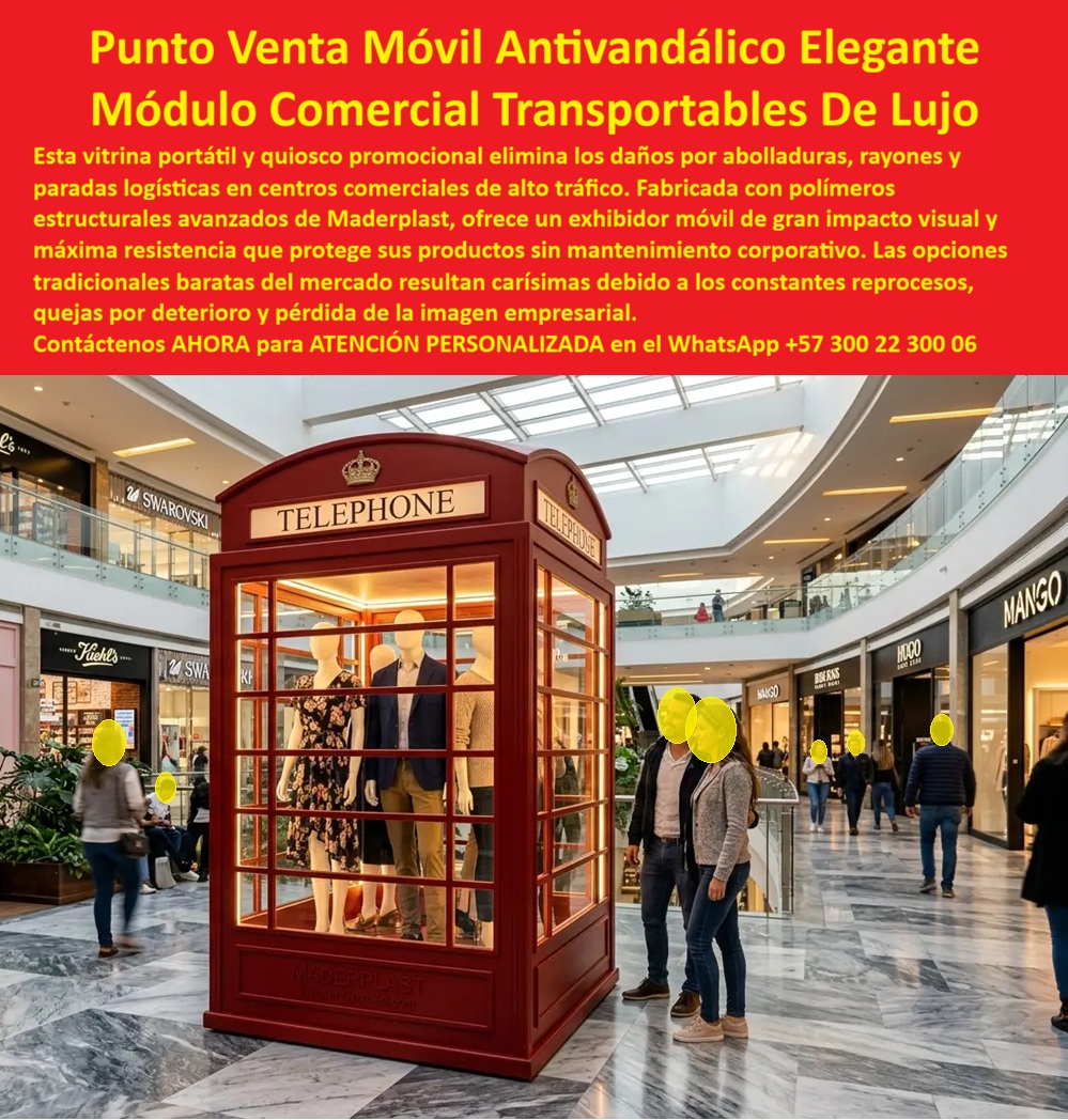 Punto De Venta Móvil Caseta Vitrina Portátil Exhibidores Móviles Maderplast Quioscos vitrinas promocionales vitrinas transportables Módulo Comercial Transportable Promociones Y Ventas vitrinas móviles comerciales Punto Comercial A PUNTOS DE VENTA MÓVILES Y VITRINAS PORTÁTILES Los puntos de venta móviles Maderplast fueron desarrollados para resolver los problemas de deterioro, transporte, mantenimiento y pérdida de imagen que afectan a los módulos comerciales tradicionales en centros comerciales, ferias, aeropuertos, plazas, hoteles, eventos, exposiciones y espacios de alto tráfico. MADERPLAST Estas casetas vitrinas portátiles y exhibidores móviles comerciales permiten crear experiencias de venta de alto impacto visual, elevando la percepción de marca y aumentando la capacidad de atracción de clientes.  Las búsquedas más frecuentes del mercado incluyen punto de venta móvil, caseta vitrina portátil, exhibidores móviles Maderplast, kioskos vitrinas promocionales, vitrinas transportables, módulo comercial transportable para promociones y ventas, vitrinas móviles comerciales, punto comercial portátil, quioscos para centros comerciales, módulos de exhibición de lujo y casetas promocionales móviles. Estas palabras clave representan compradores que buscan soluciones de exhibición duraderas, elegantes y rentables.  Los módulos comerciales transportables fabricados por Maderplast están diseñados para soportar alto tráfico, manipulación constante, cambios de ubicación y exposición permanente al público. A diferencia de las estructuras económicas que se rayan, se abollan o se deterioran rápidamente, estas vitrinas móviles comerciales mantienen su apariencia corporativa durante muchos años.  Los kioskos vitrinas promocionales pueden utilizarse para moda, tecnología, joyería, alimentos, cosméticos, souvenirs, telefonía, campañas publicitarias, productos premium y activaciones de marca. Su diseño modular permite fabricar módulos personalizados según la imagen corporativa, colores institucionales y necesidades comerciales de cada cliente.  Las vitrinas transportables permiten trasladar el punto de venta entre diferentes ubicaciones, reduciendo costos de construcción y facilitando campañas comerciales temporales o permanentes. Esta flexibilidad convierte al punto comercial portátil en una herramienta estratégica para empresas que buscan ampliar mercados sin realizar grandes inversiones inmobiliarias.  Los exhibidores móviles Maderplast se fabrican con materiales resistentes a la humedad, rayones, impactos, corrosión y desgaste operativo. El color permanece estable, la limpieza es sencilla y la estructura conserva su apariencia incluso en ambientes de uso intensivo.  Los módulos comerciales transportables pueden incorporar iluminación LED, vitrinas panorámicas, sistemas de seguridad, almacenamiento interno, aire acondicionado, conectividad eléctrica, señalización corporativa y elementos arquitectónicos exclusivos que fortalecen la imagen de la marca.  Los puntos de venta móviles también permiten optimizar espacios en centros comerciales, hoteles, terminales, aeropuertos, ferias empresariales y eventos temporales. La facilidad de instalación reduce tiempos de montaje y permite iniciar operaciones rápidamente.  Las vitrinas móviles comerciales de lujo generan una percepción de calidad superior, incrementan la visibilidad del producto y mejoran la experiencia del comprador. La inversión inicial se compensa mediante la larga vida útil, la reducción del mantenimiento y la protección de la imagen corporativa.  Los módulos comerciales Maderplast representan una solución moderna para empresas que buscan exhibidores móviles resistentes, puntos de venta transportables y quioscos promocionales de alto impacto visual con larga vida útil y excelente presentación comercial.  ASESORÍA ESPECIALIZADA CON UN ESPECIALISTA DE MADERPLAST.  ATENCIÓN PERSONALIZADA EN ESTE WHATSAPP +57 300 22 300 06.