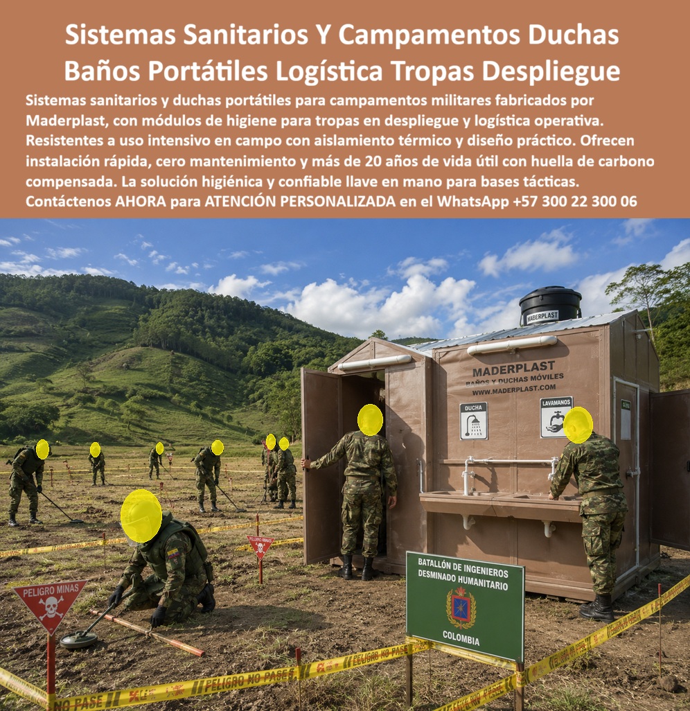 Sistemas Sanitarios Campamentos Duchas Baños Militares Maderplast Duchas Portátiles Para Tropas En Despliegue módulos de higiene militar Baños Portatiles Logistica Militar Industriales Con Aislamiento Termico Centros Higiene Ptar Módulo sanitario portátil color arena militar con señalización institucional, tanque elevado, ducha y lavamanos integrados, Maderplast siendo utilizado por soldados del Batallón de Ingenieros de Desminado Humanitario Colombia en operación activa con señales de peligro de minas y zona de seguridad demarcada en campo rural montañoso: esta imagen documenta el uso más exigente posible para un sistema sanitario portátil, una operación militar de alto riesgo en zona rural remota donde no existe red de servicios públicos, donde el personal opera bajo estrés extremo en turnos continuos y donde la higiene del personal no es un confort sino un requisito operativo crítico que determina la salud y la capacidad de combate de la unidad desplegada. Las duchas portátiles para tropas en despliegue y los módulos de higiene militar fabricados por Maderplast en plástico técnico de alta densidad color arena resuelven simultáneamente los cuatro requerimientos técnicos no negociables de sanidad militar en campo: autonomía hídrica total mediante tanque elevado que opera por gravedad sin bomba ni electricidad, resistencia estructural ante el transporte en vehículos militares todoterreno por caminos sin pavimentar que destruyen módulos de materiales frágiles en el primer desplazamiento, impermeabilidad permanente que garantiza higiene interior real en zonas de lluvia intensa sin filtración ni acumulación de humedad que genera hongos y bacterias en superficies de contacto, y peso reducido que permite carga y descarga manual por personal de tropa sin equipo especializado en cualquier punto del teatro de operaciones independientemente de las condiciones del terreno. El color arena caqui no es elección estética: es camuflaje funcional que integra el módulo sanitario al perfil visual del campamento militar sin generar contraste que lo identifique como objetivo desde distancia en zonas de operación de seguridad. El lavamanos exterior integrado en fachada permite higiene de manos inmediata a la salida sin contaminar el interior del módulo, un detalle técnico que las normas de sanidad militar consideran crítico para el control de infecciones gastrointestinales que son la primera causa de baja operativa no combatiente en unidades desplegadas en campo durante períodos prolongados. Los baños portátiles de logística militar con aislamiento térmico industrial mantienen temperatura interior habitable tanto en el frío nocturno de zonas de alta montaña como en el calor de zonas bajas tropicales, garantizando condiciones de higiene personal dignas que impactan directamente en la moral y el rendimiento operativo de la unidad. Los centros de higiene portátiles para PTAP, los módulos sanitarios para campamentos de desminado humanitario, las duchas portátiles para tropas en zonas sin infraestructura y los sistemas de baños móviles para operaciones humanitarias y militares se fabrican sobre plano, en colores institucionales de cada fuerza o entidad, con tanque dimensionado según número de usuarios, cotización directa de fábrica y capacidad de entrega rápida para requerimientos urgentes de logística operacional. Asesoría Especializada con un Especialista de Maderplast, Atención Personalizada en este WhatsApp +57 300 22 300 06.