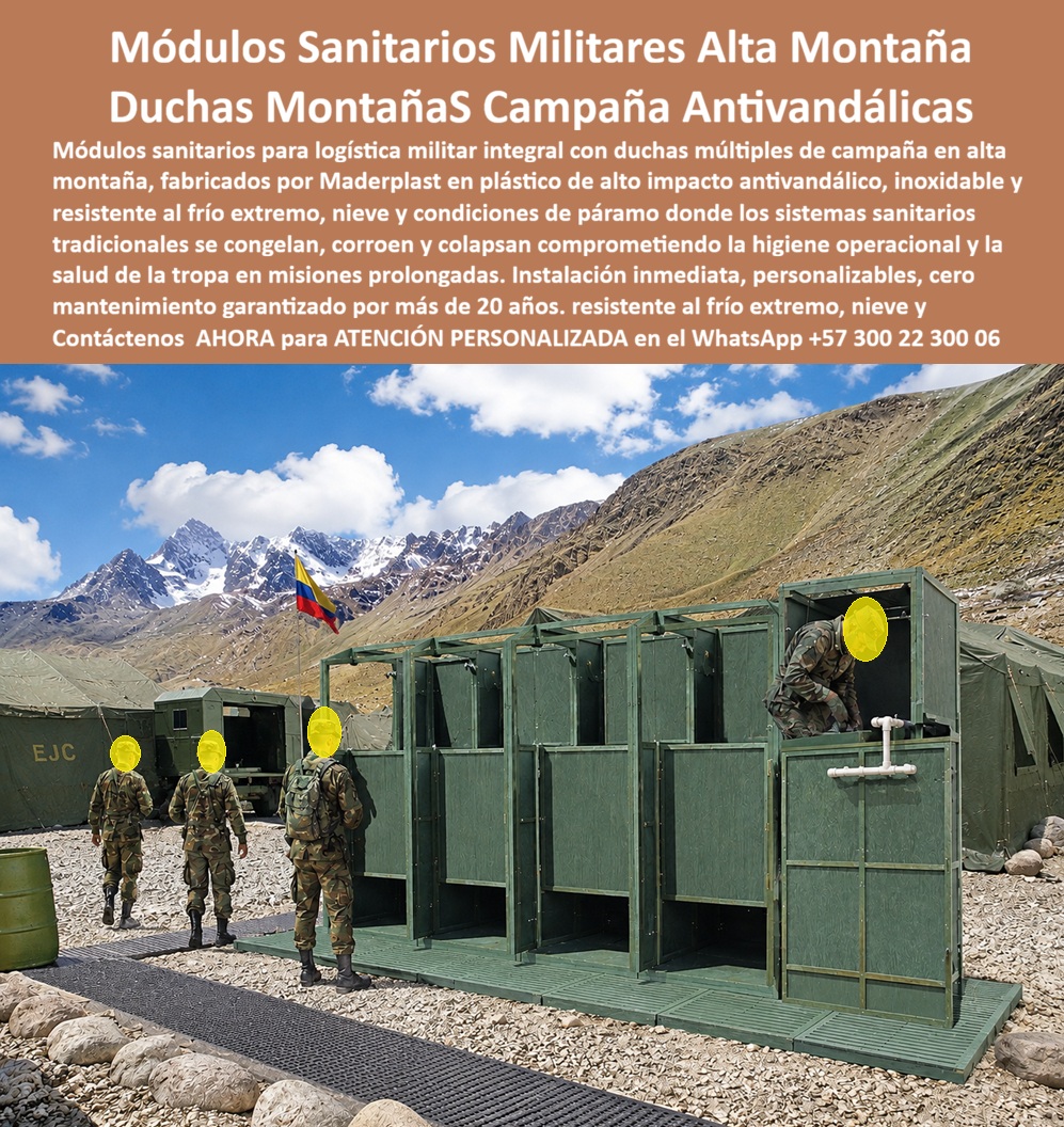 Sistemas Sanitarios Campamentos Duchas Baños Militares Maderplast Módulos Sanitarios Para Logística Militar Integral Logistica Militar Baños De Campamentos Antivandalicos Libres De Mantenimiento baños de campaña militares Baño Ptar Sistemas Sanitarios Campamentos Duchas Baños Militares: Módulos Sanitarios para Logística Militar Integral  Maderplast Estos módulos sanitarios militares fabricados por Maderplast se despliegan en alta montaña con duchas y baños de campaña antivandálicos. Estructura verde robusta con plataformas elevadas ofrece higiene y confort en condiciones extremas de frío, nieve y páramo para tropas en misiones prolongadas. La imagen muestra su operación con personal militar en terreno montañoso. Maderplast resuelve los problemas logísticos militares: congelamiento, corrosión y colapso de sistemas sanitarios tradicionales en clima extremo. Estos módulos sanitarios para logística militar integral, baños de campamentos antivandálicos libres de mantenimiento y baños de campaña militares entregan resistencia a frío, humedad y vandalismo, instalación inmediata y más de 20 años de durabilidad con cero mantenimiento. Comandantes, logísticos y oficiales de sanidad militar buscan: “Sistemas sanitarios campamentos duchas baños militares”, “Módulos sanitarios logística militar integral”, “Baños campamentos antivandálicos libres mantenimiento”, “Baños campaña militares”. Maderplast entrega la solución táctica: higiene, confort y operatividad en cualquier terreno. Un Oficial de Logística Militar (2025) testimonia: “Los sanitarios anteriores fallaban por frío y humedad. Con Maderplast logramos higiene confiable, durabilidad y cero mantenimiento en alta montaña. Mejoramos la salud y moral de la tropa”. Maderplast materializa sistemas sanitarios militares con calidad superior, ofreciendo módulos resistentes, higiénicos y confiables para operaciones en condiciones extremas. Asesoría Especializada con un Especialista de Maderplast. Atención personalizada en este WhatsApp +57 300 22 300 06.